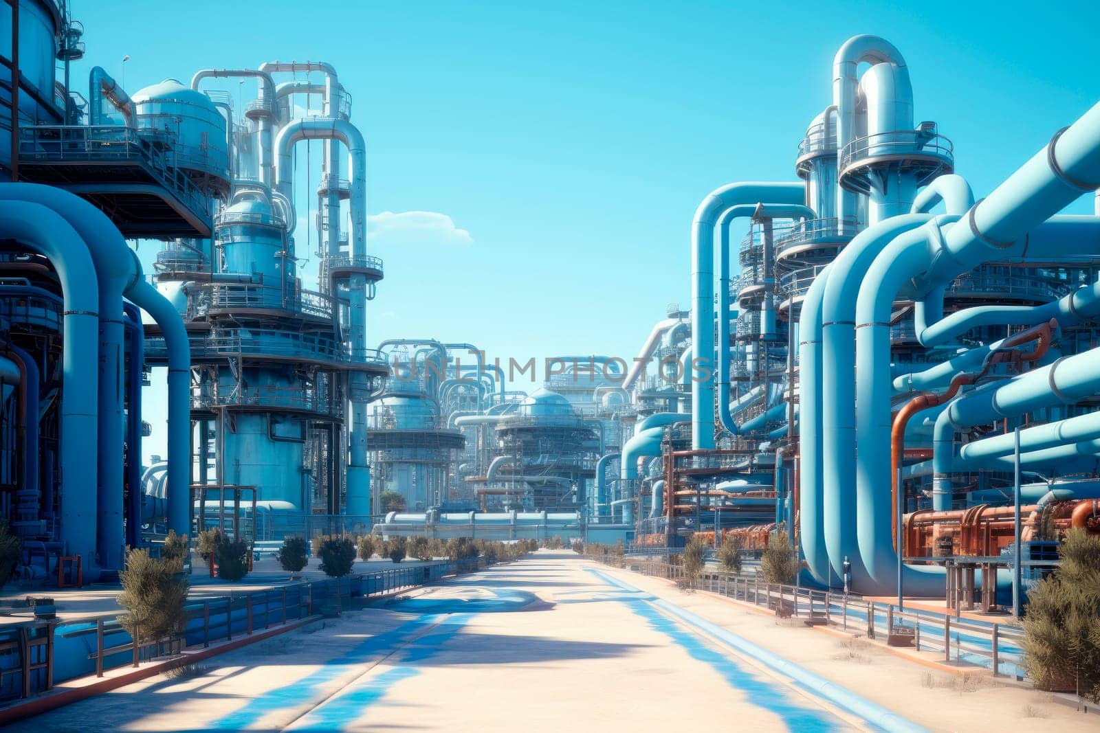 Industrial zone. The equipment of oil refining. Concept supplying propane to factory. Supply of production with energy resources. AI generated