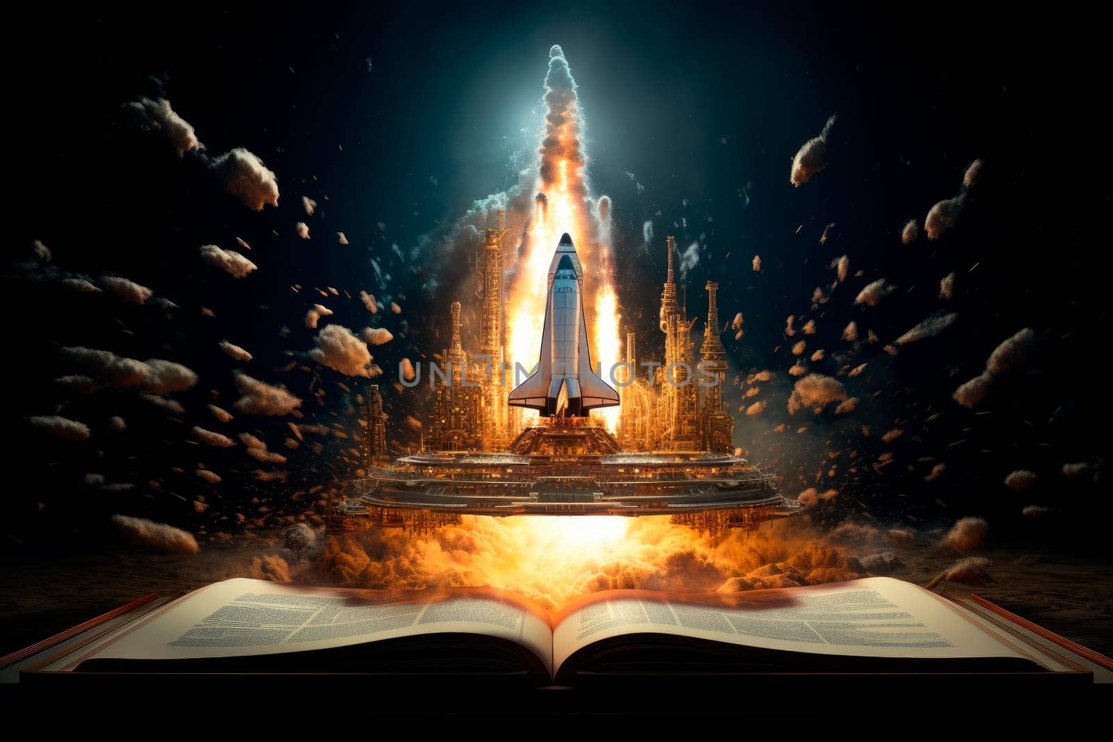 Open book and flying rocket. Elearning idea book and rocket concept of education and search for knowledge. AI generated