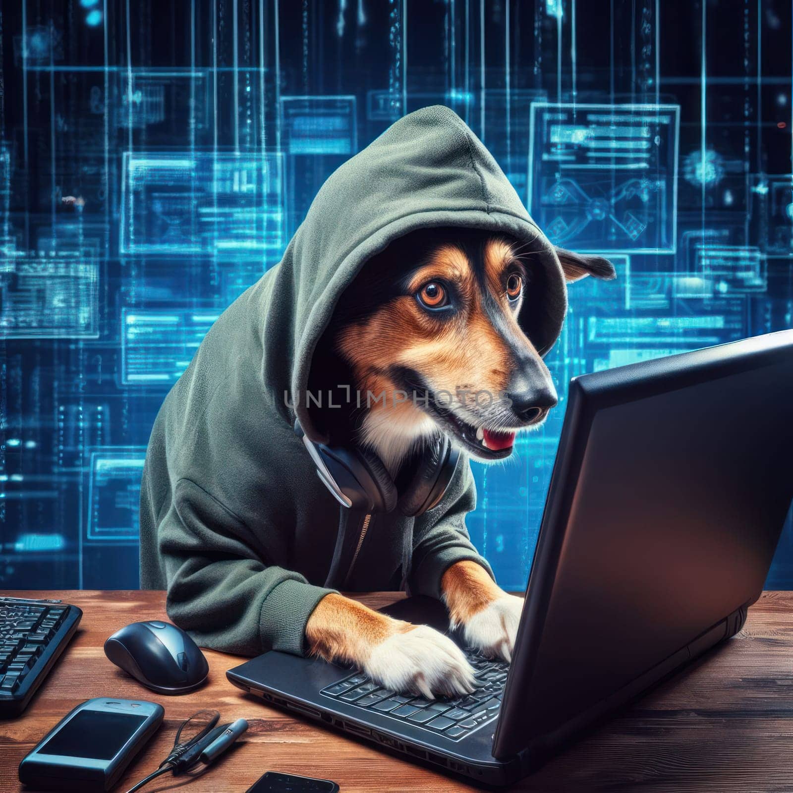 hacker dog in a hoodie will try to break through your computers cybersecurity generative ai