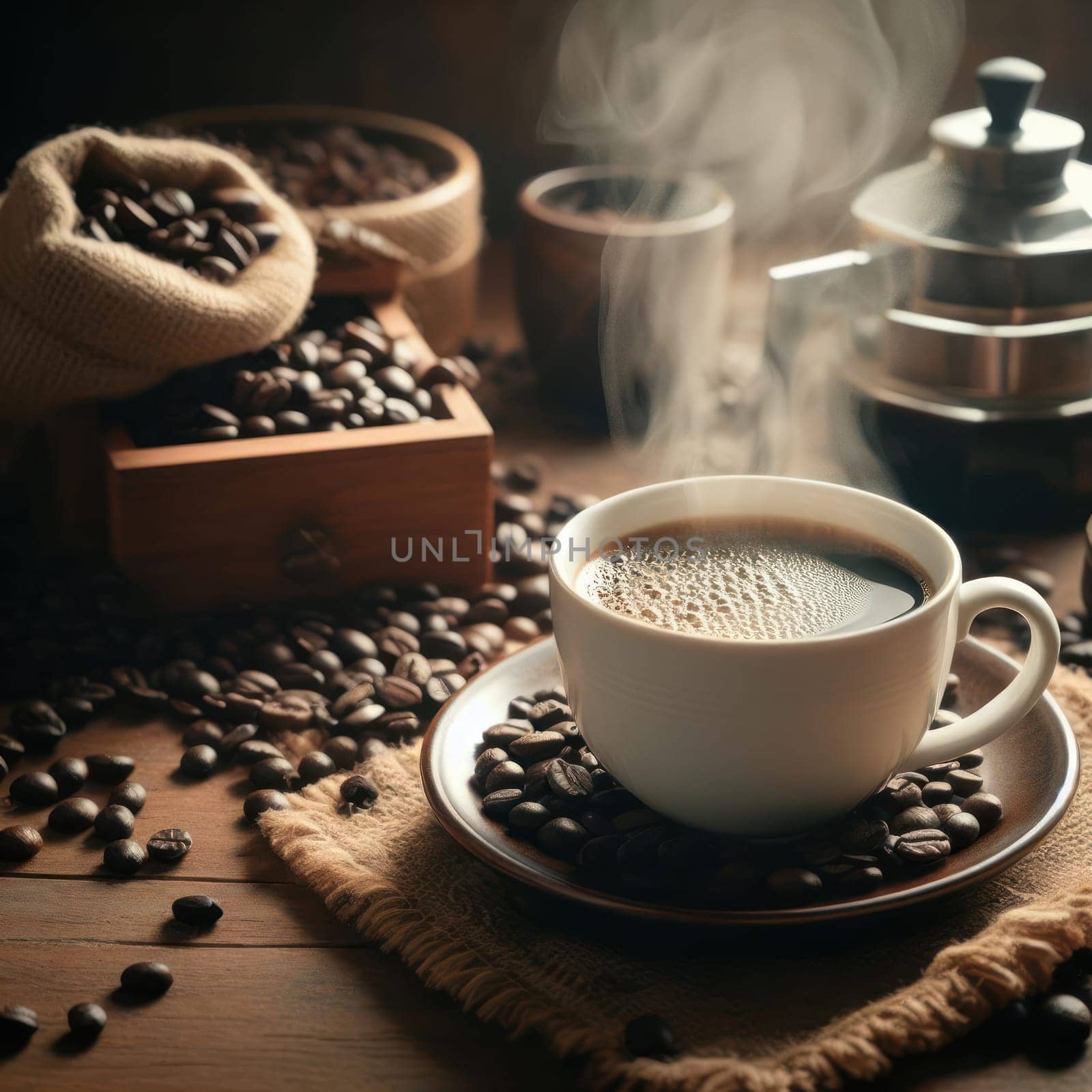 delicious fresh coffee in the morning on a wooden table with coffee beans generative ai