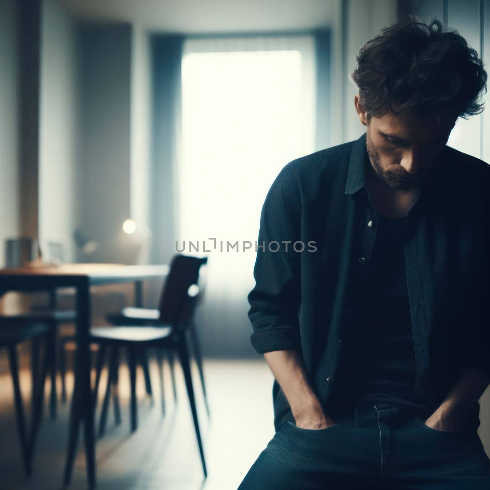 guy with mental health problems like depression sits and tries to deal with it alone generative ai