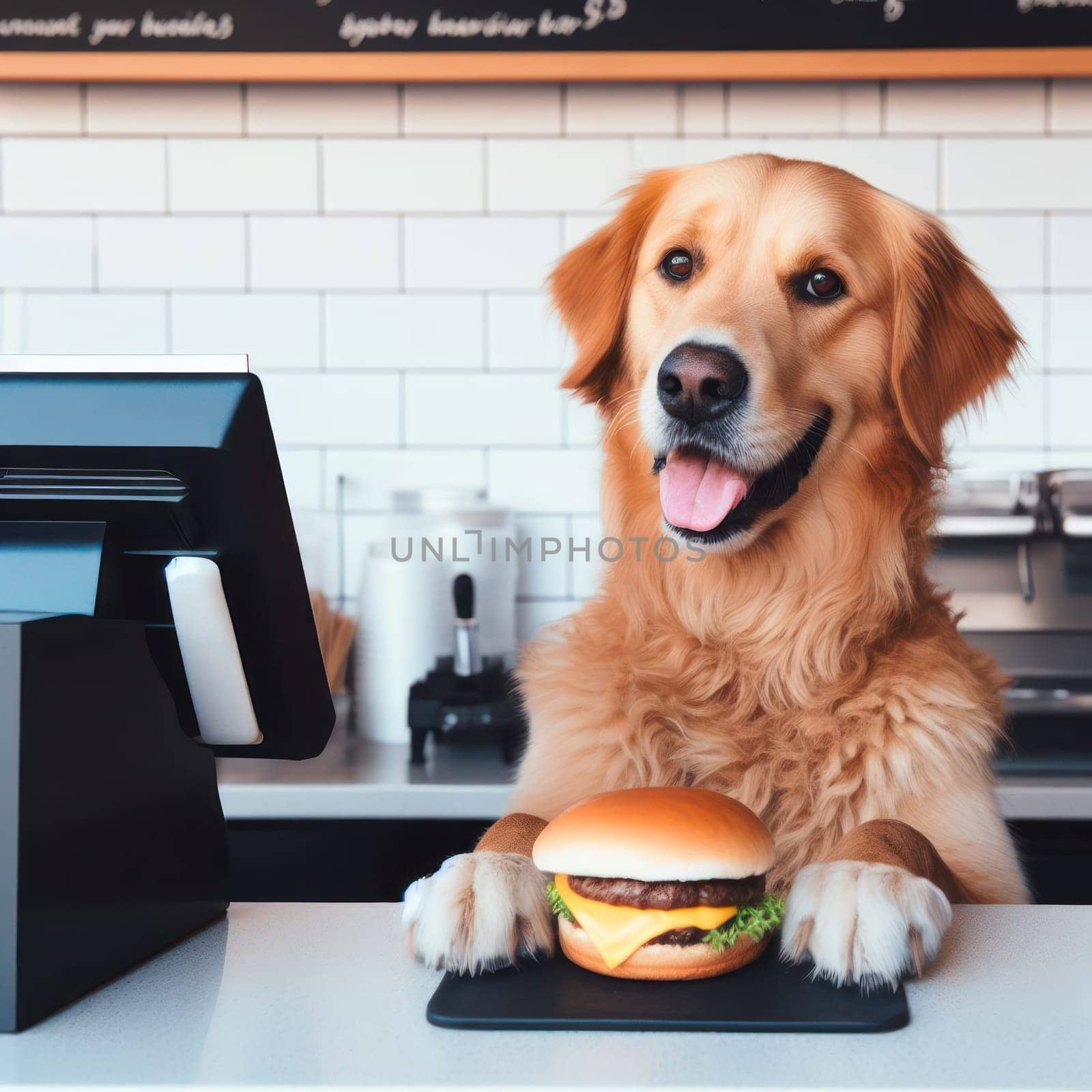 dog server in fast food restaurant gives you your burger order generative ai