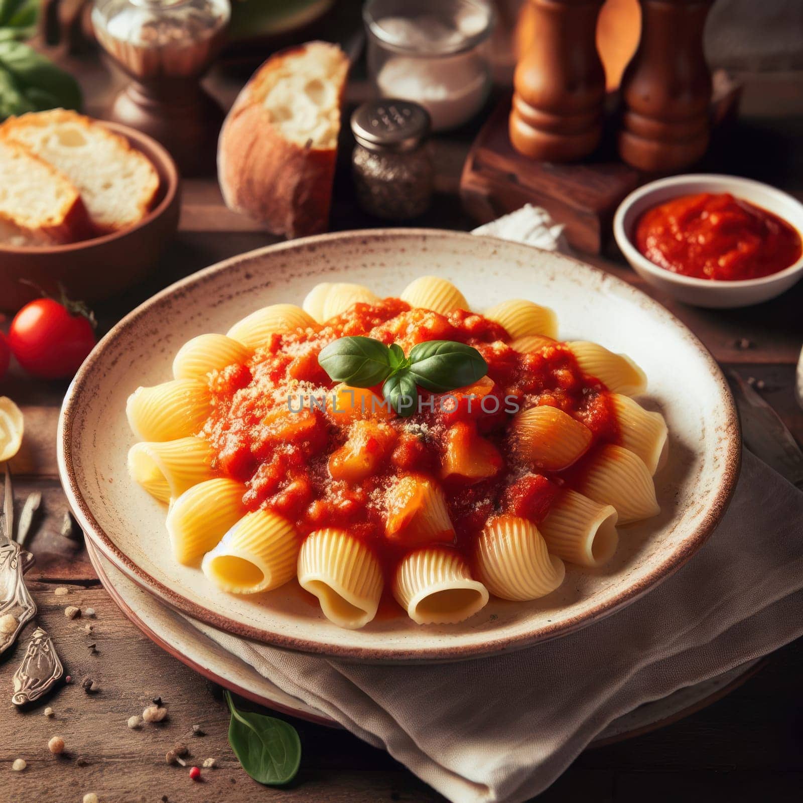 traditional italian conchiglie with tomato sauce on a rustic table generative ai