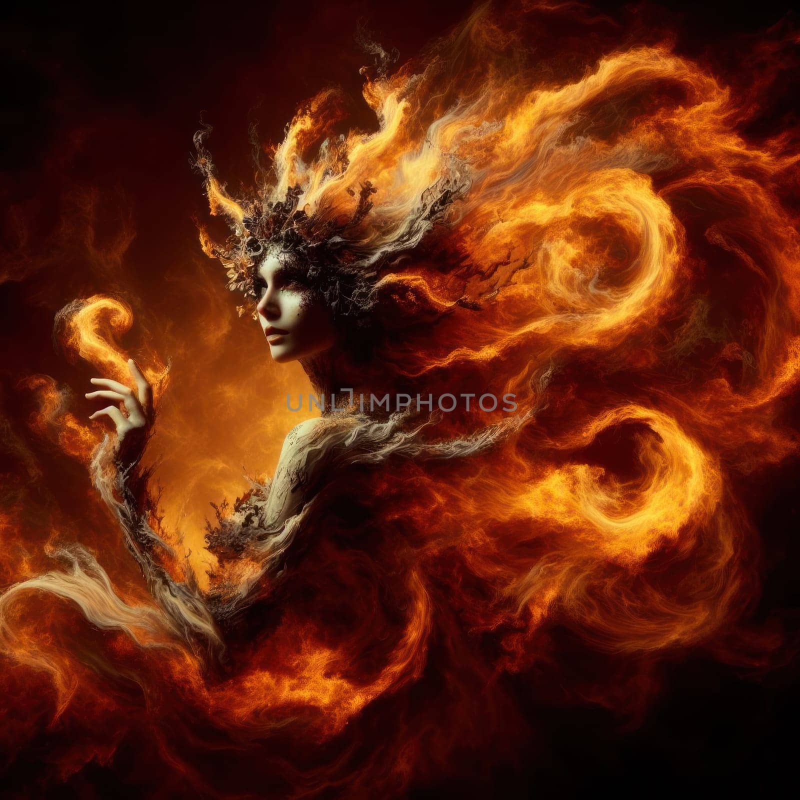 beautiful fire elemental goddess or demon burning with flames generative ai