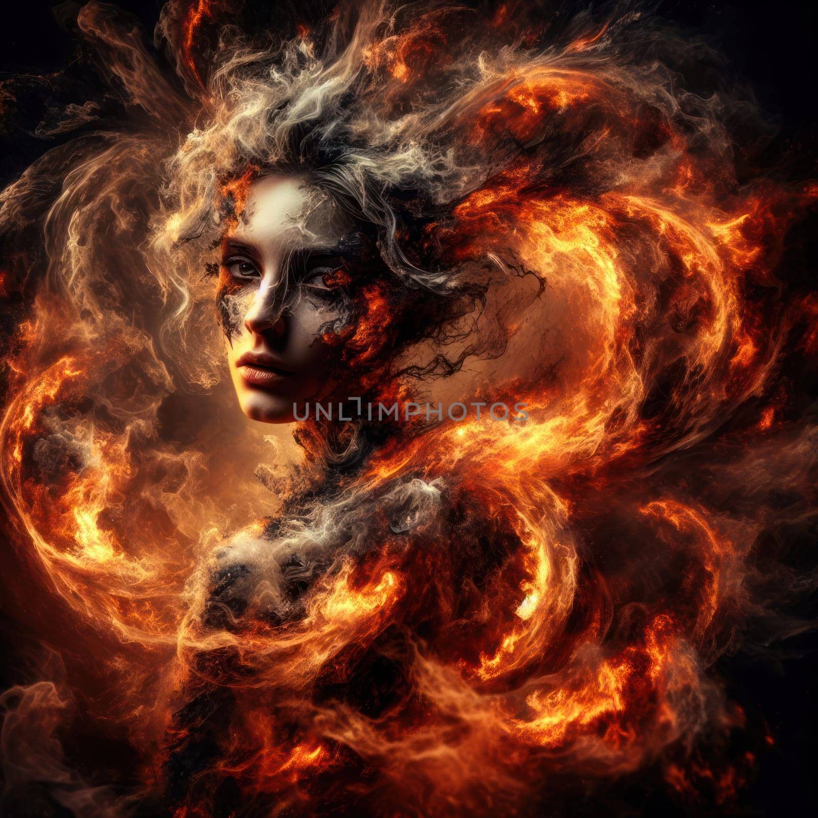 beautiful fire elemental goddess or demon burning with flames generative ai