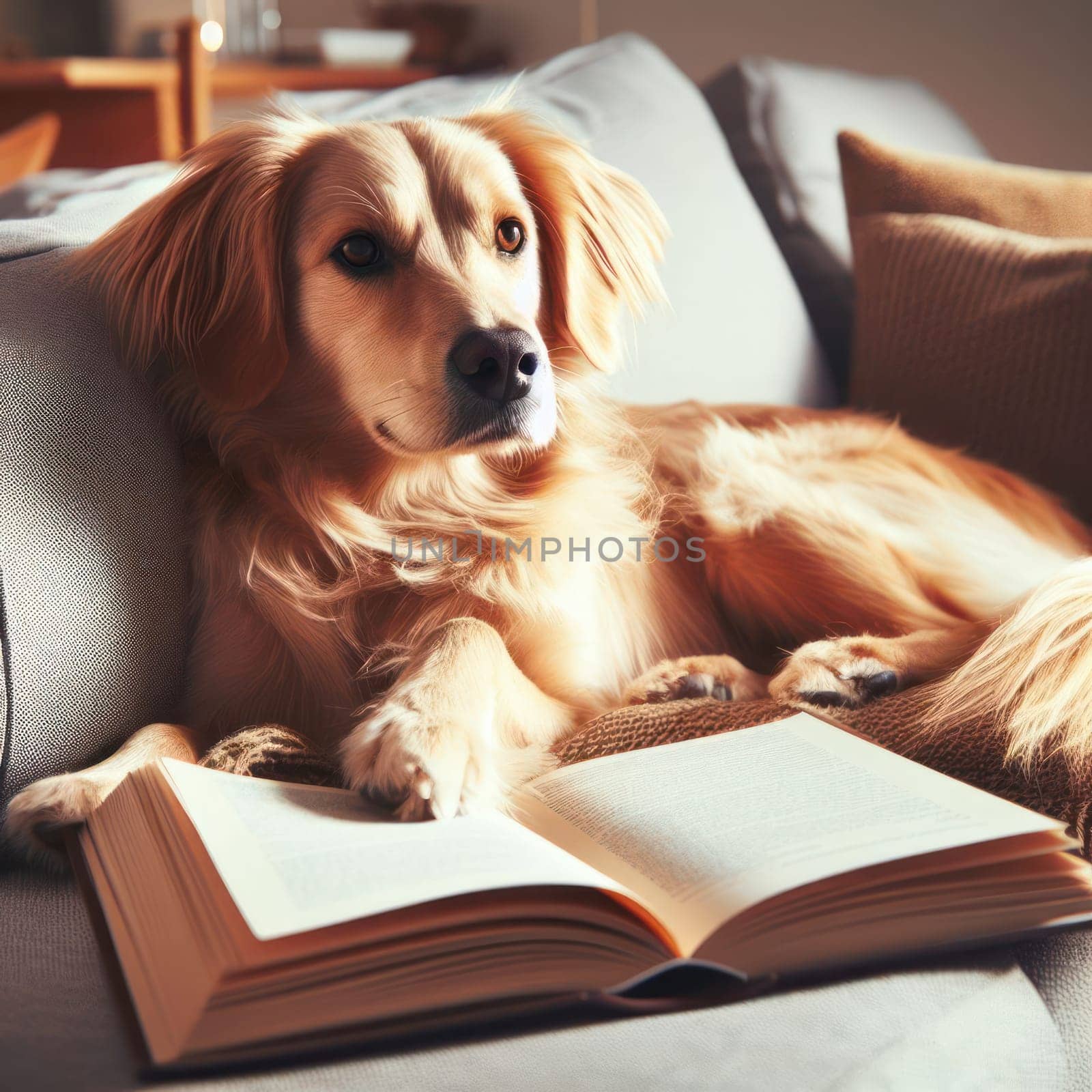 dog is relaxed and laying on sofa reading a book generative ai