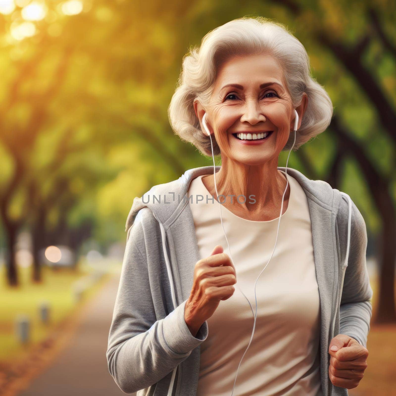 senior woman out exercising and jogging in the park generative ai