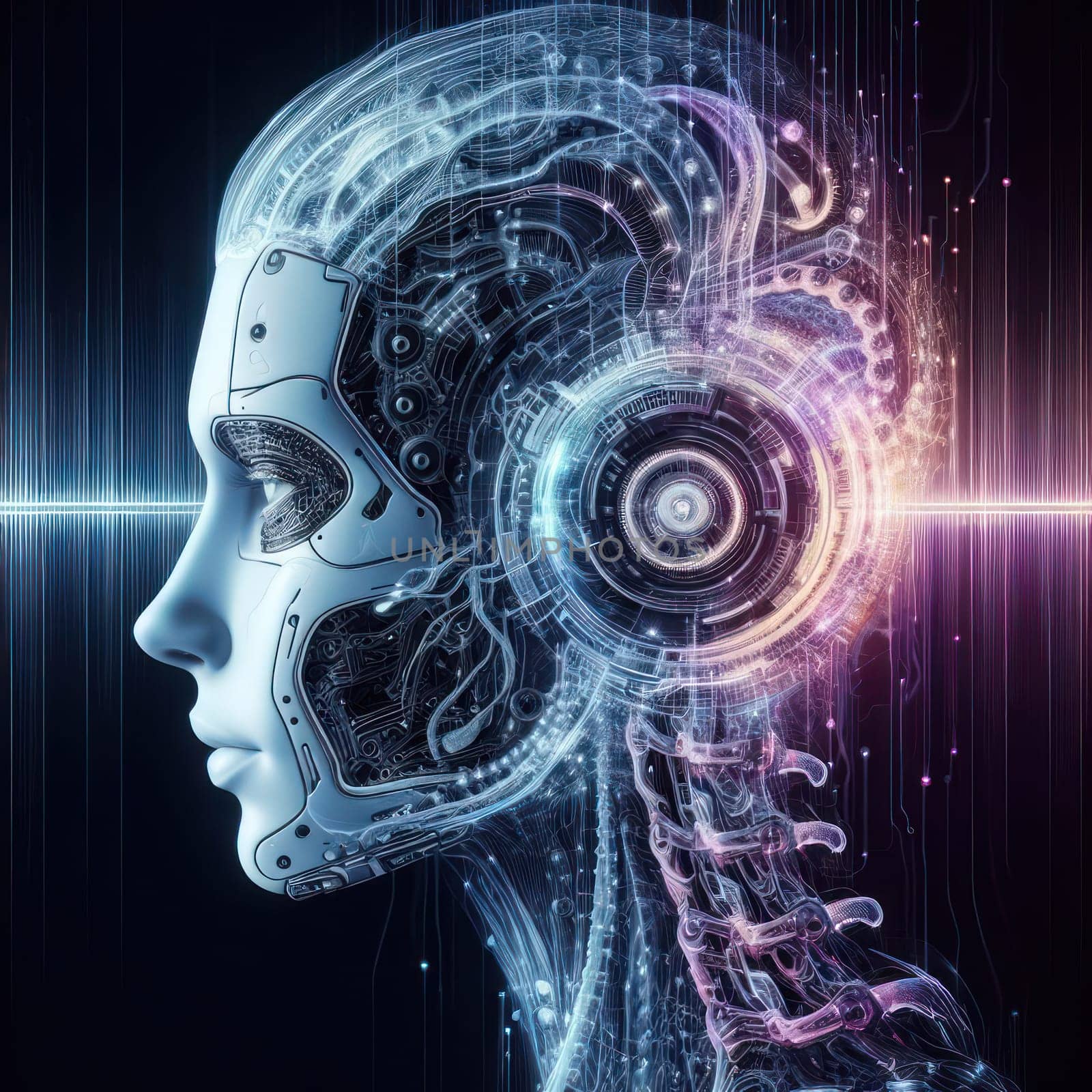 artistic digital illustration of a high tech futuristic ethereal nueral network robotic orgasm with headphones generative ai