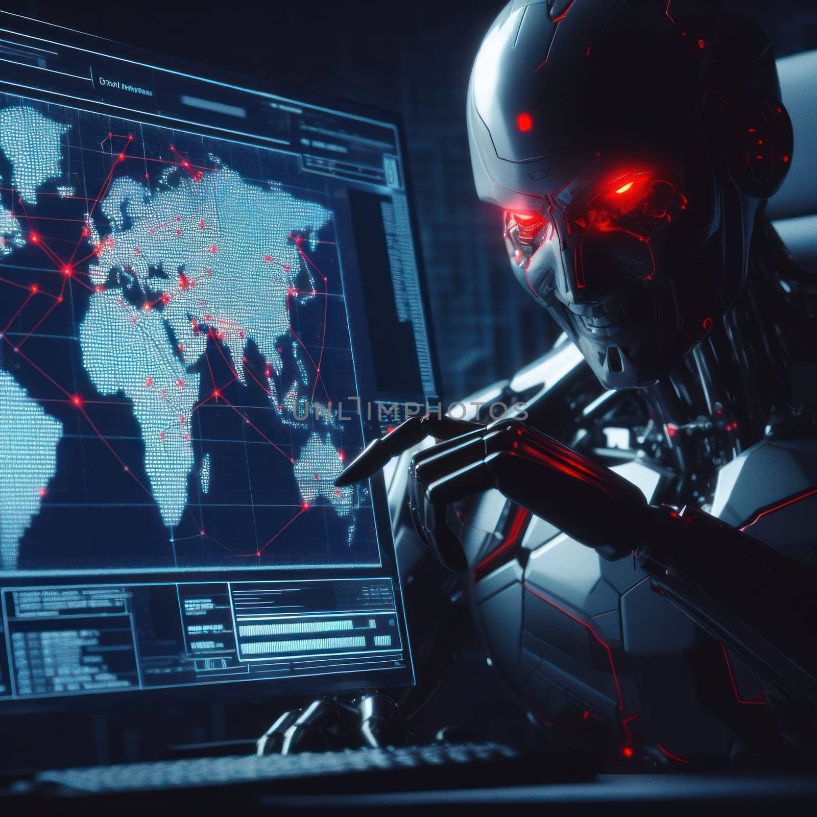 evil AI humanoid robot thinking and plotting to take over the world generative ai