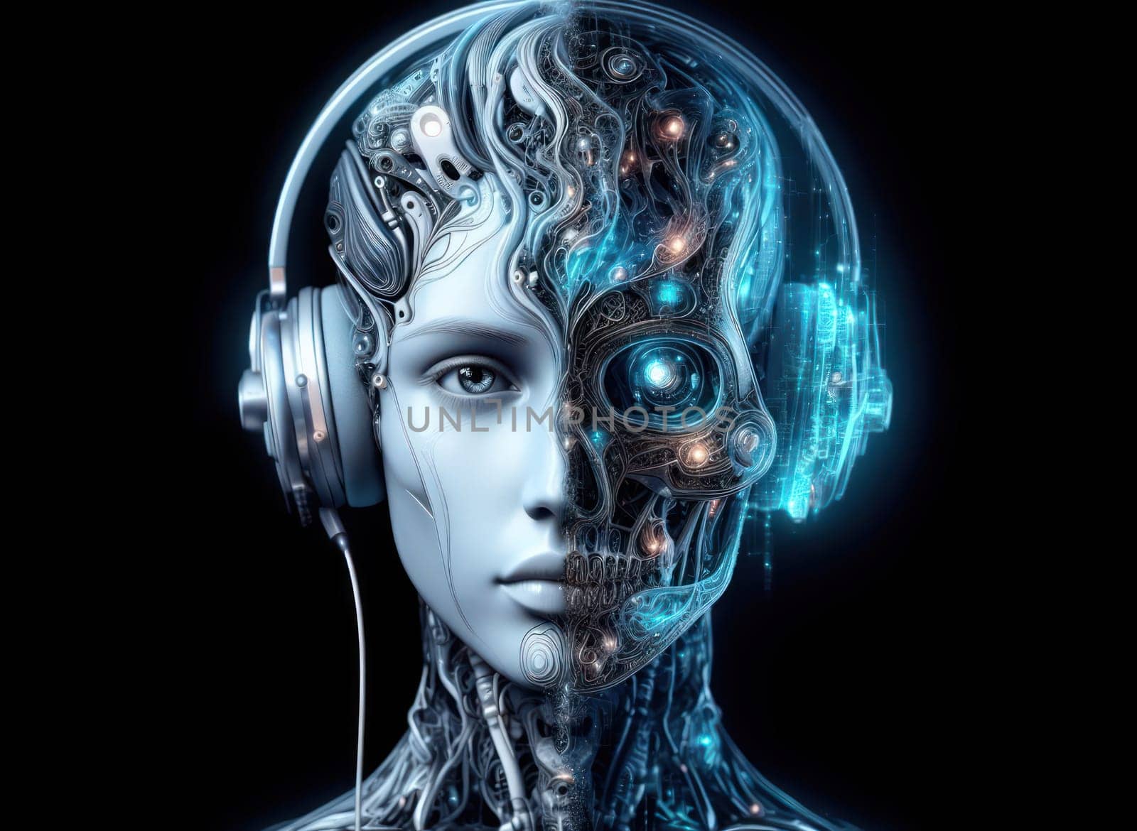 artistic digital illustration of a high tech futuristic ethereal nueral network robotic orgasm with headphones generative ai