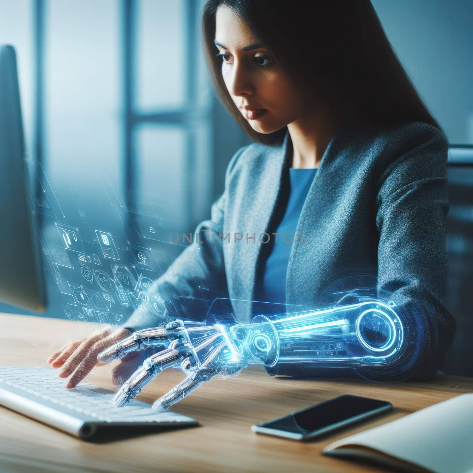 woman using an futuristic enhanced robotic cybernetics arm in the office generative ai