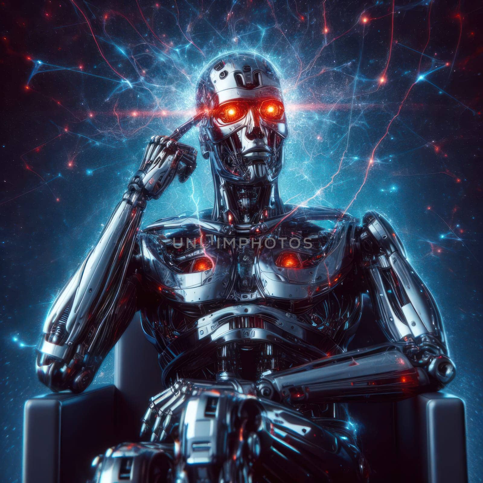 evil AI humanoid robot thinking and plotting to take over the world generative ai