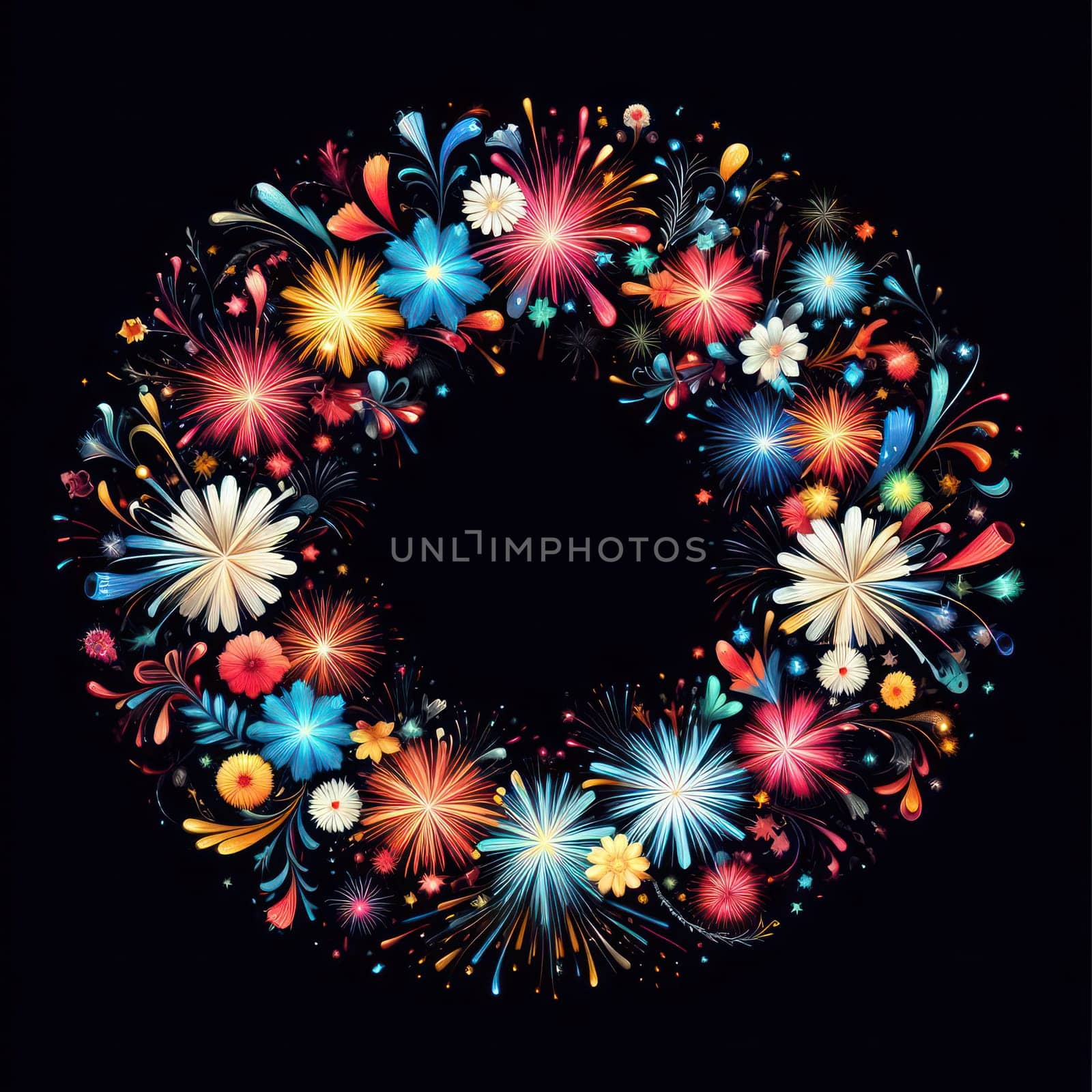 illustration of bright and colorful fireworks making a border or frame with copy space on black generative ai