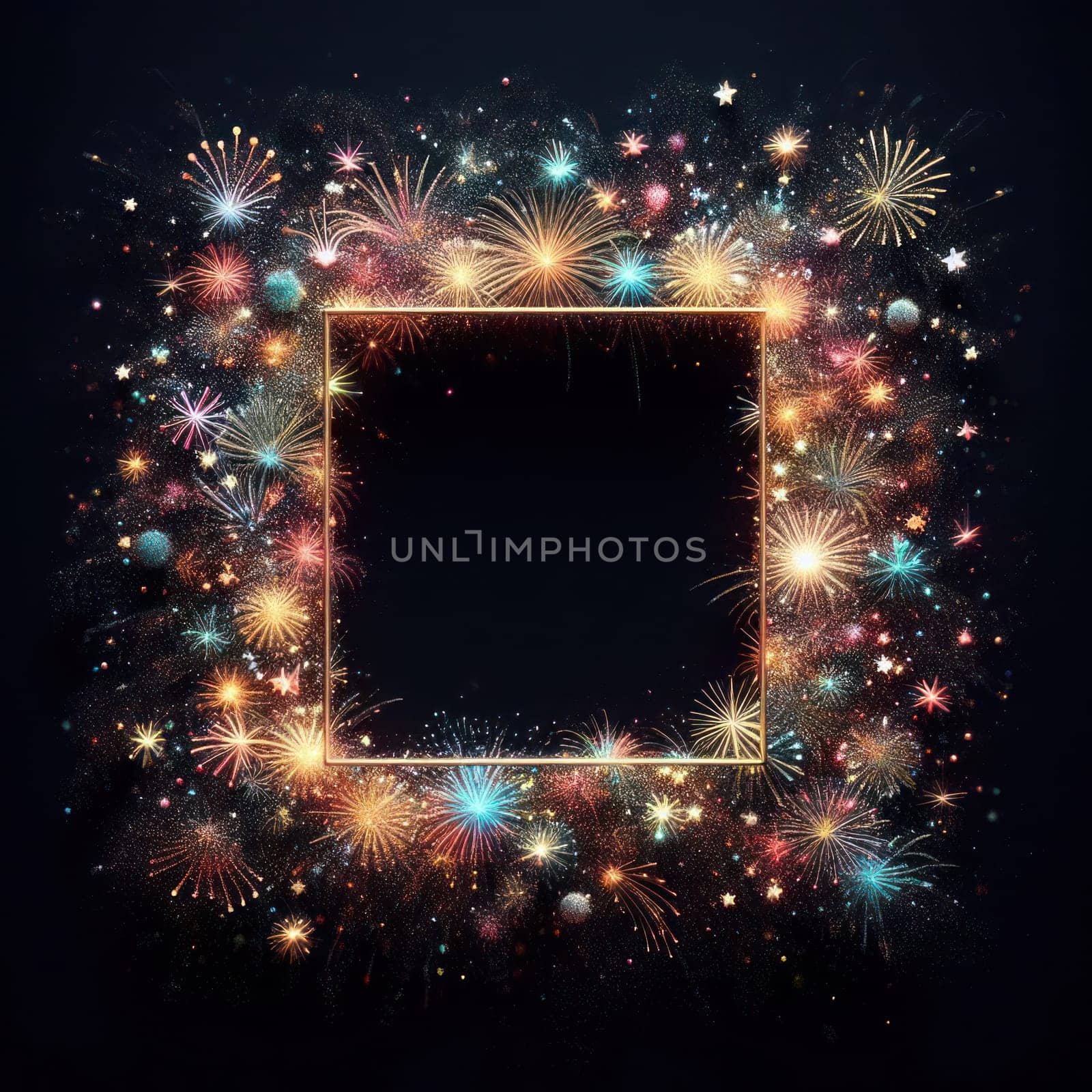 illustration of bright and colorful fireworks making a border or frame with copy space on black generative ai