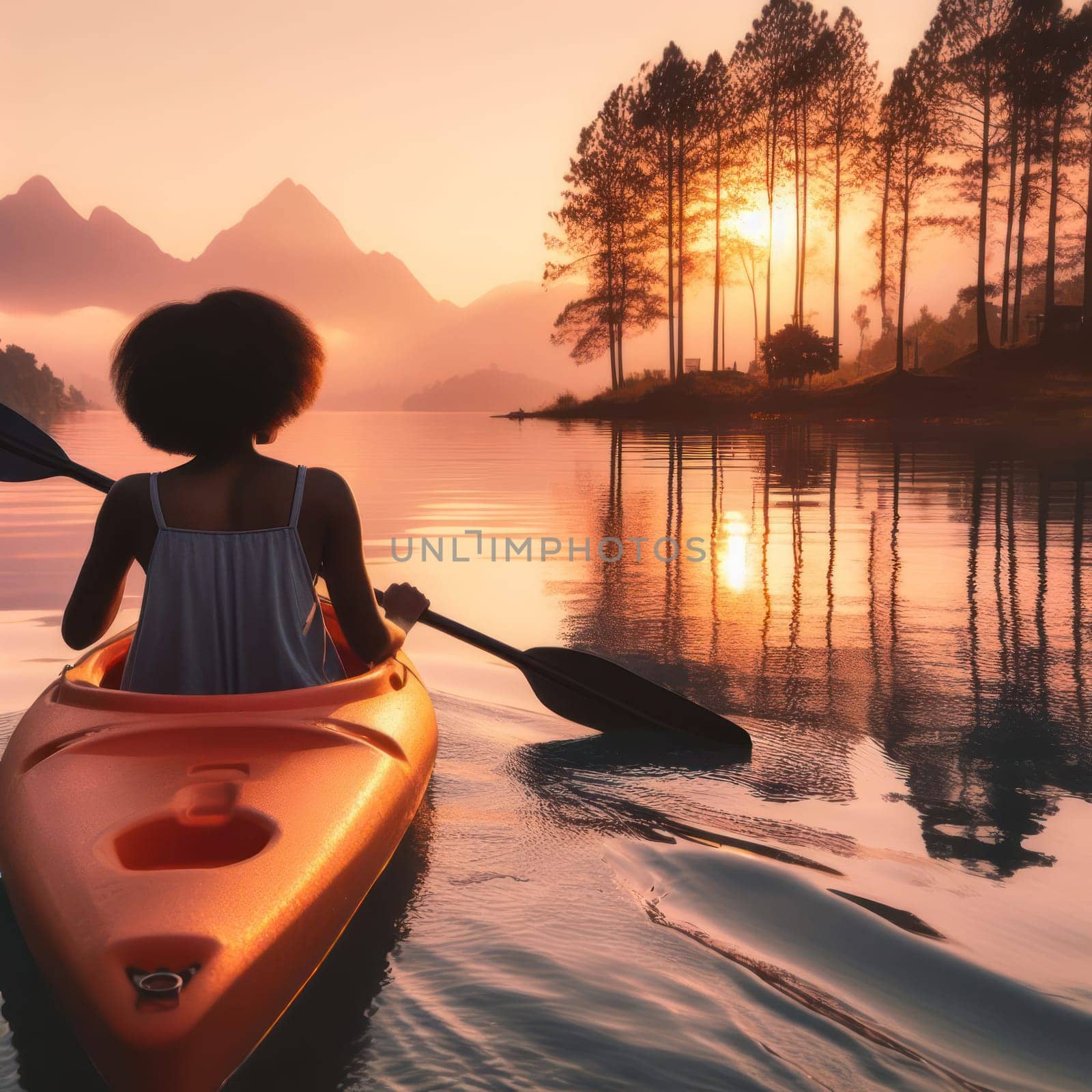 woman kayaking or canoeing on a flat water lake at sunrise generative ai photo