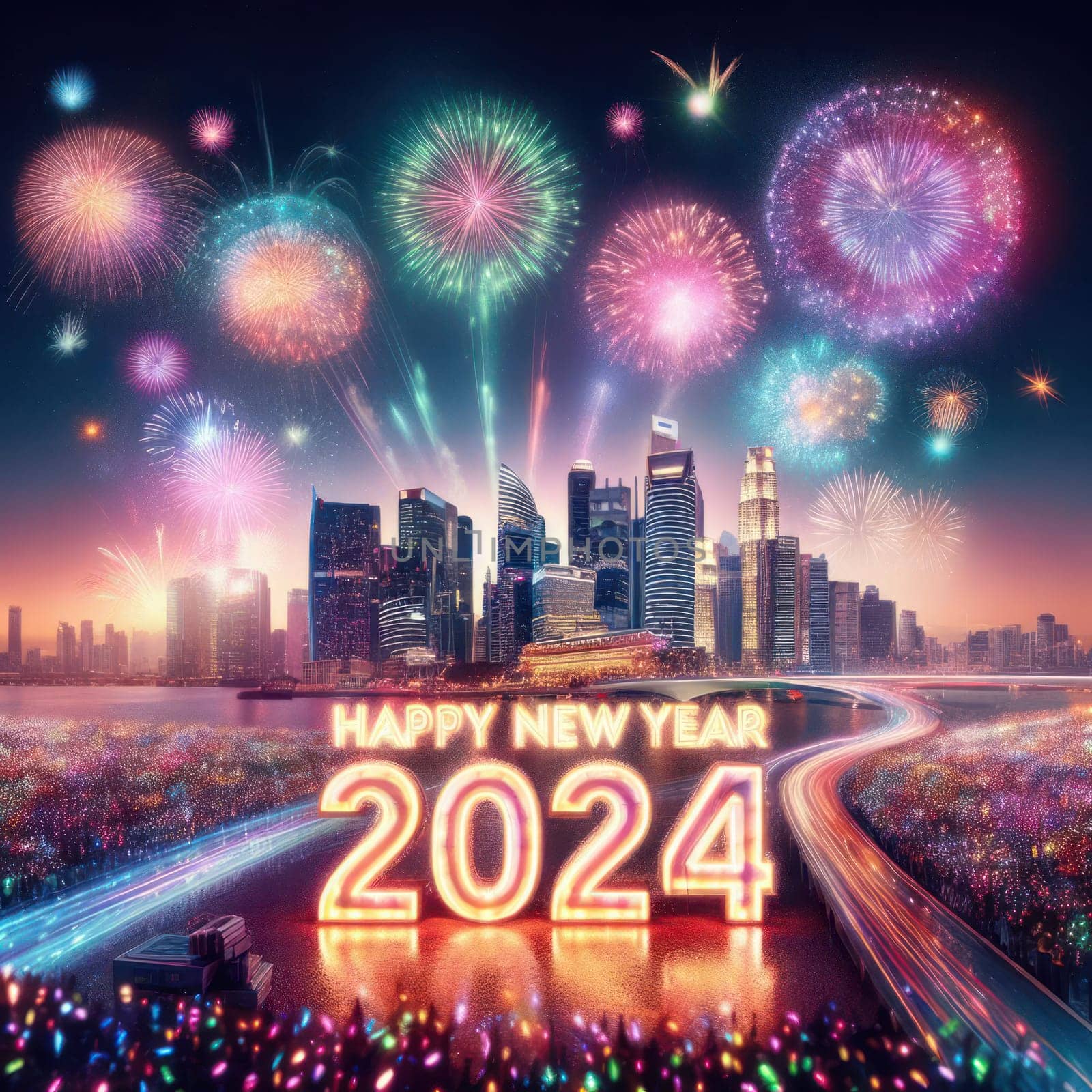 big bright and colorful fireworks for a happy new years 2024 generative ai