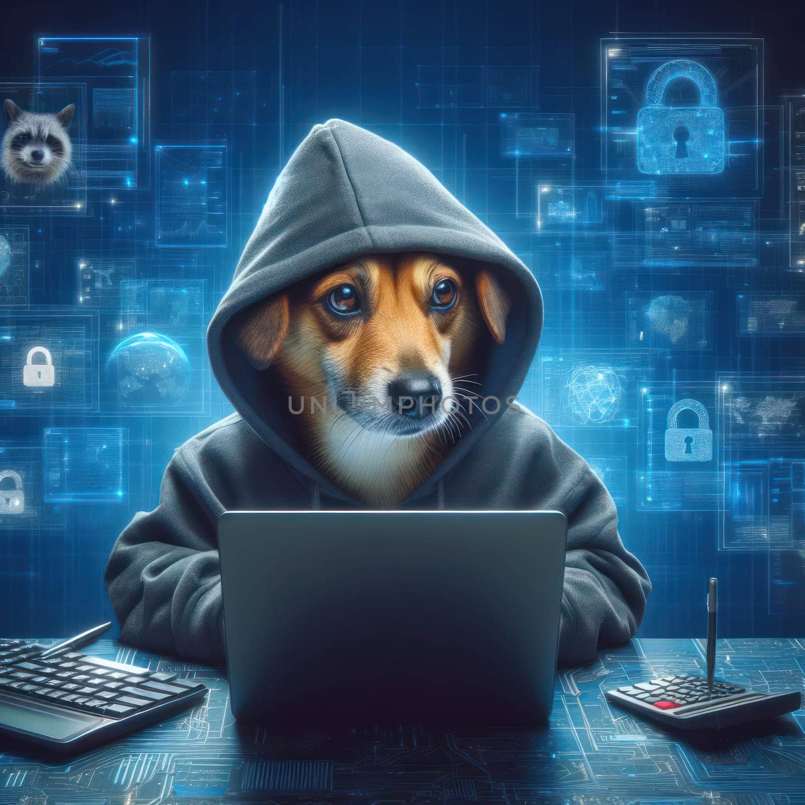 hacker dog in a hoodie will try to break through your computers cybersecurity generative ai