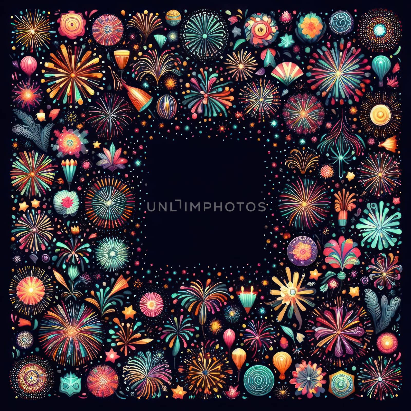 illustration of bright and colorful fireworks making a border or frame with copy space on black generative ai