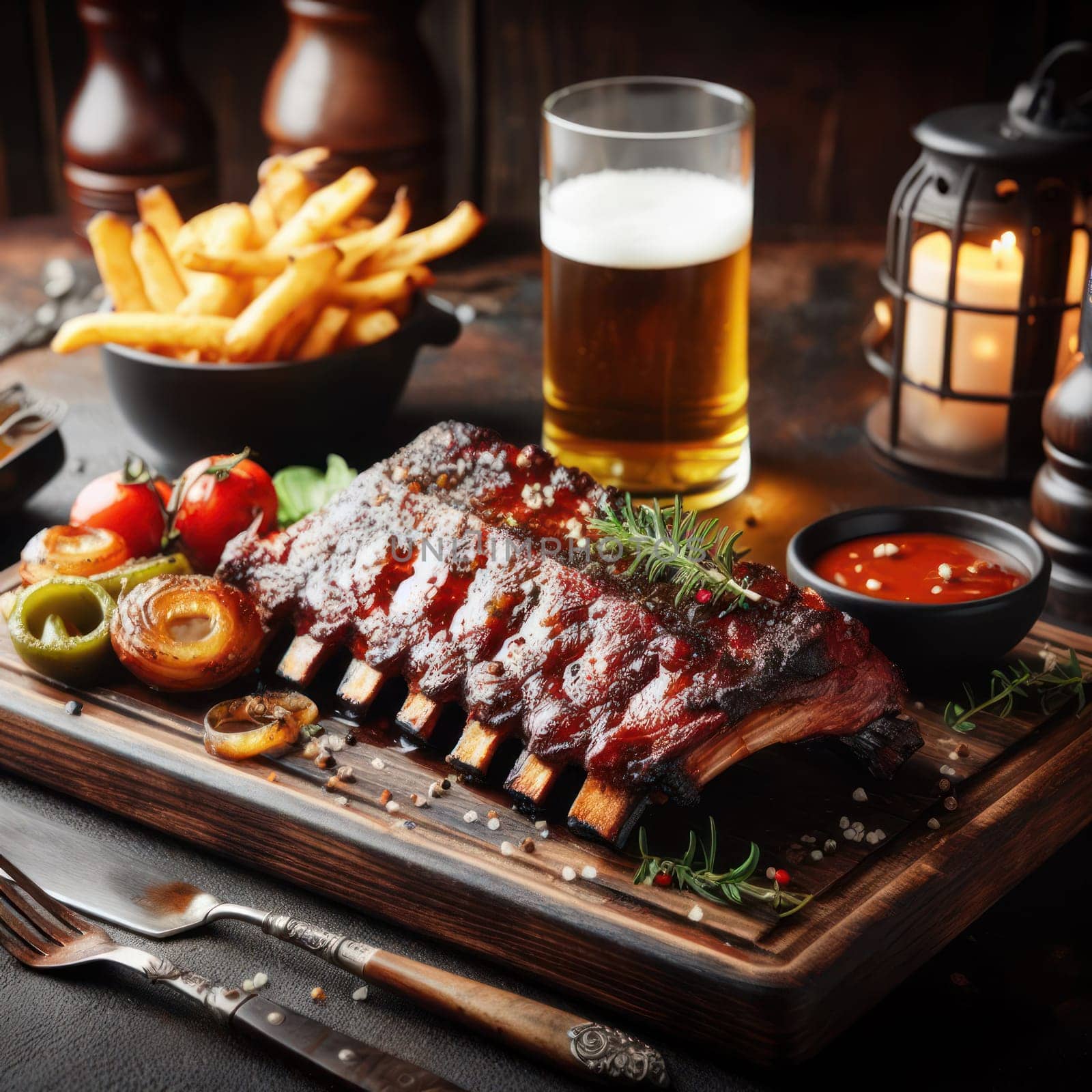 gorgeous marinated bbq ribs served on a rustic wooden board generative ai