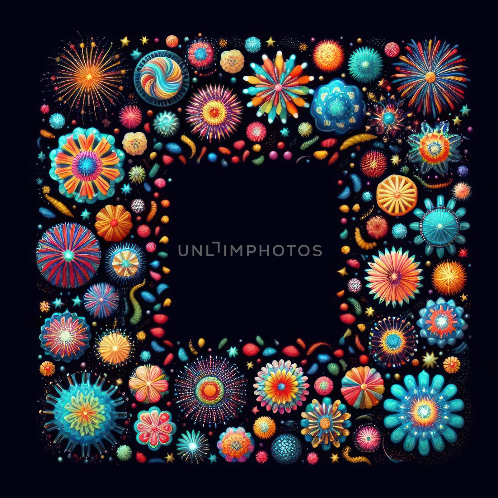 illustration of bright and colorful fireworks making a border or frame with copy space on black generative ai