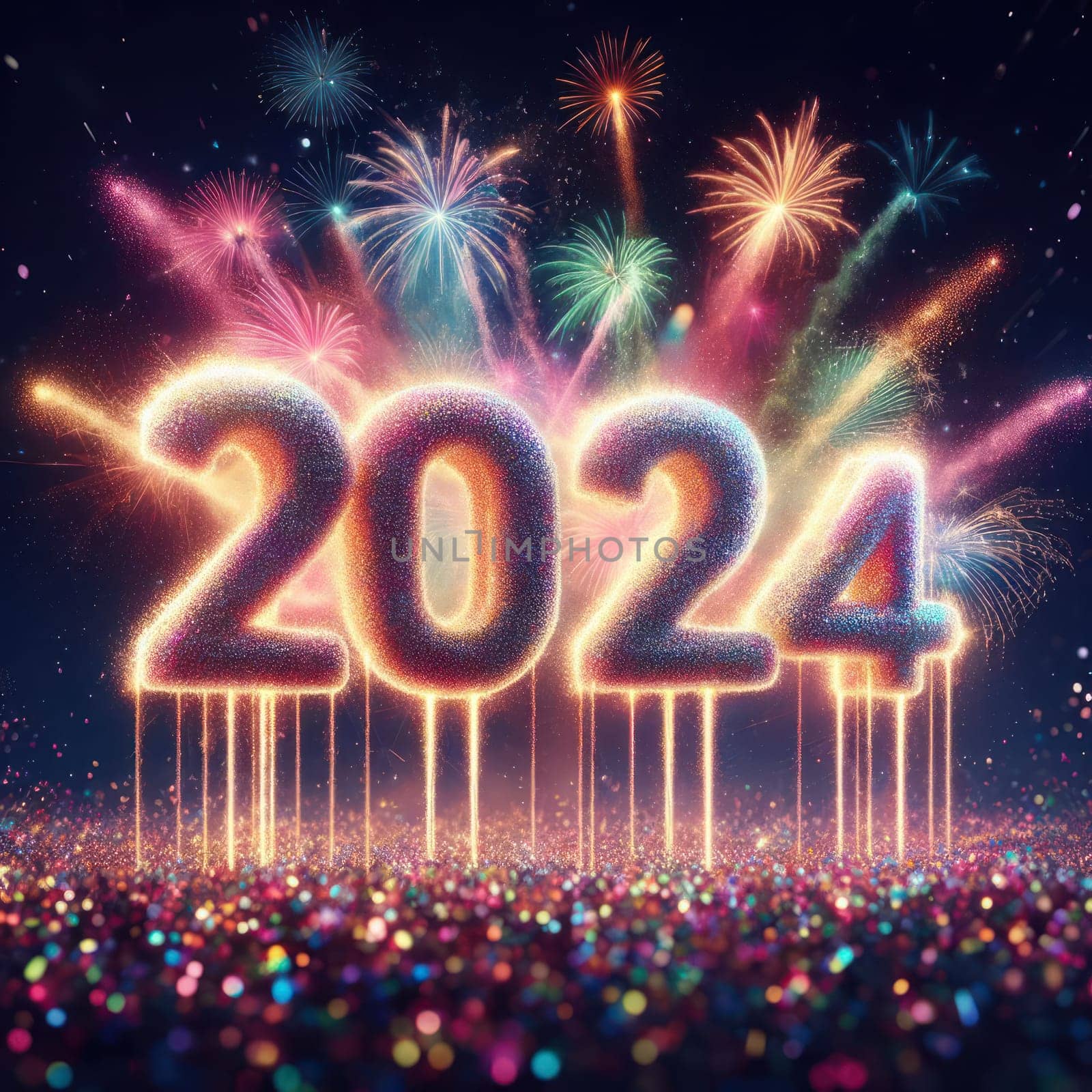 big bright and colorful fireworks for a happy new years 2024 generative ai