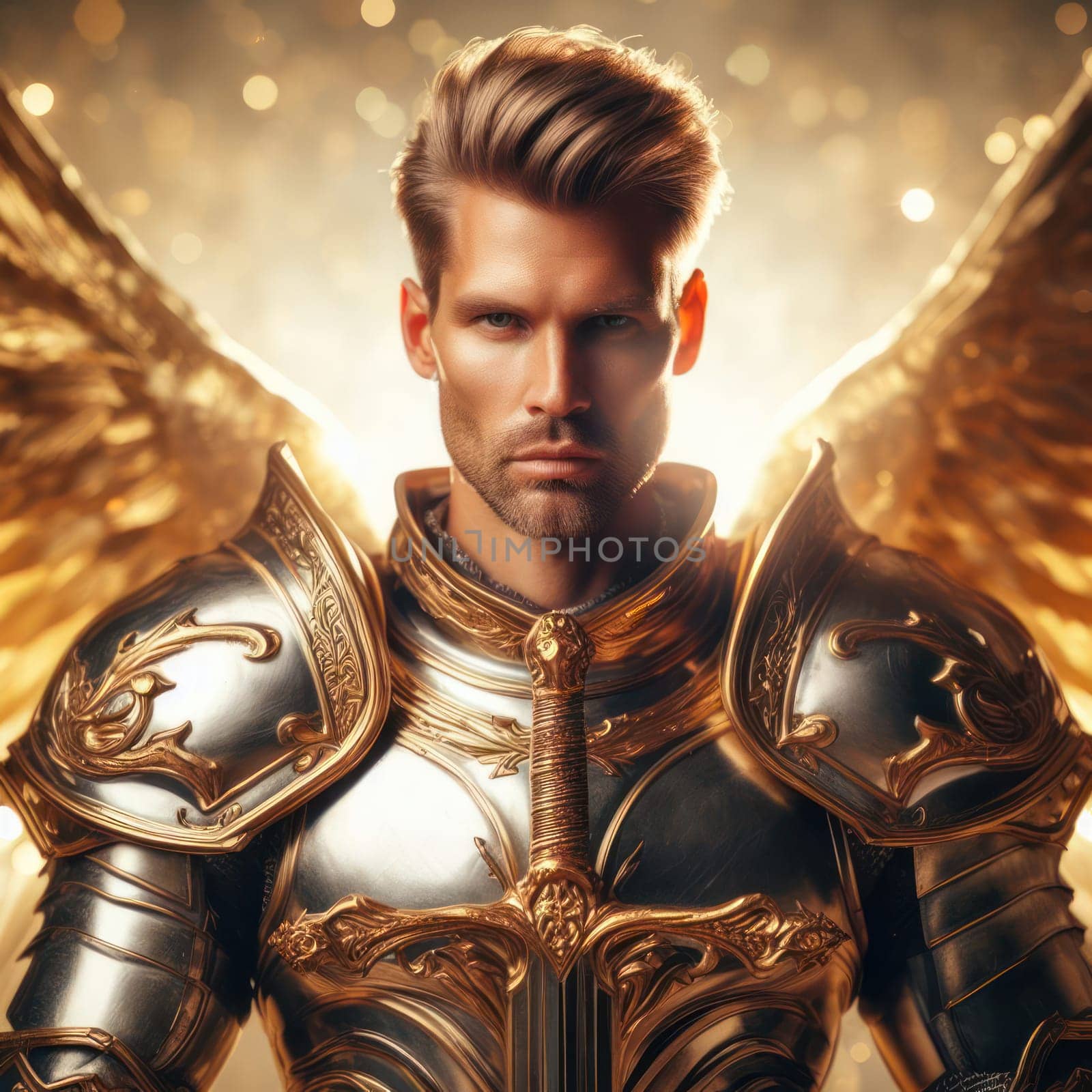 portrait of handsome golden paladin knight or archangel generative ai