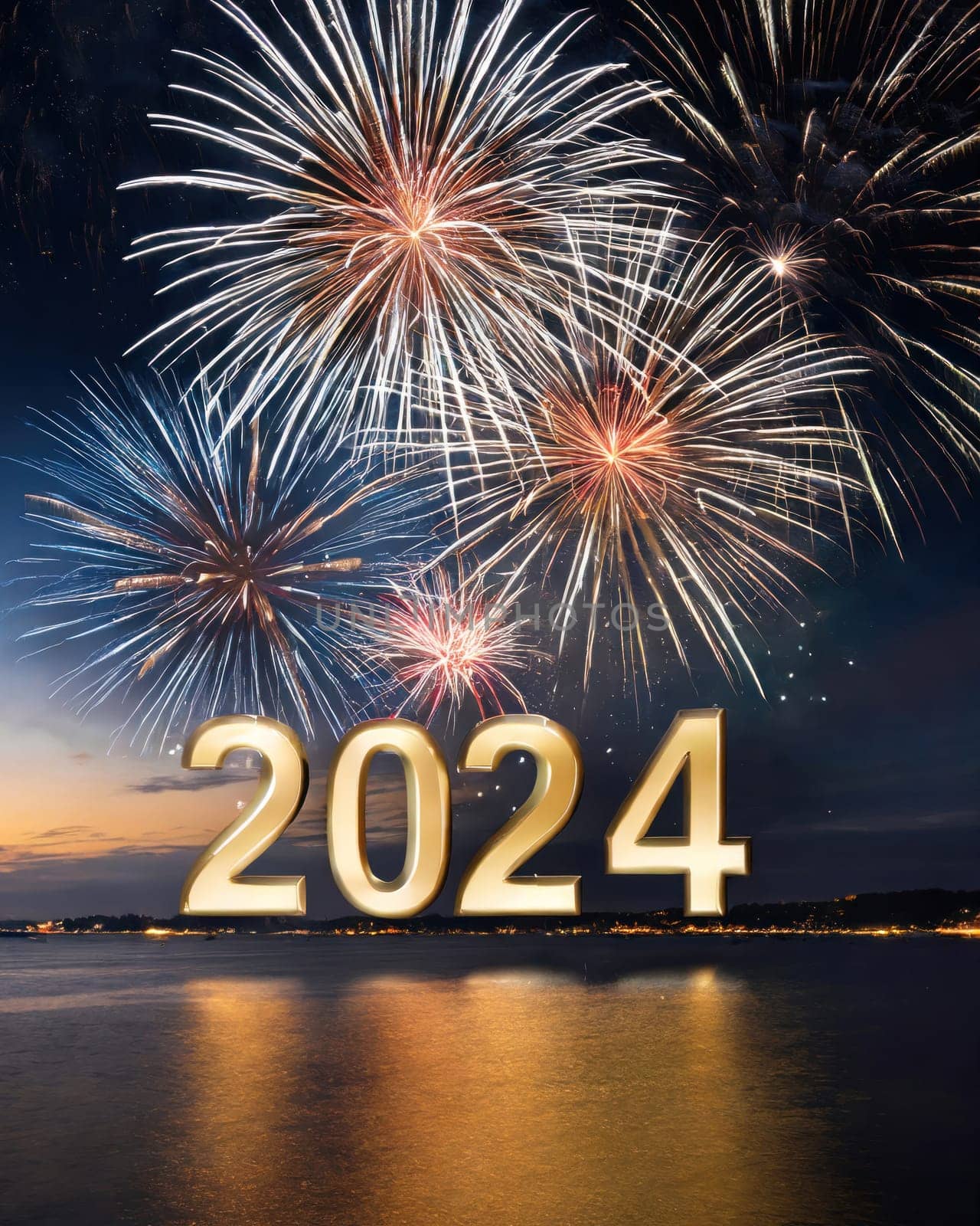 big bright and colorful fireworks for a happy new years 2024 generative ai