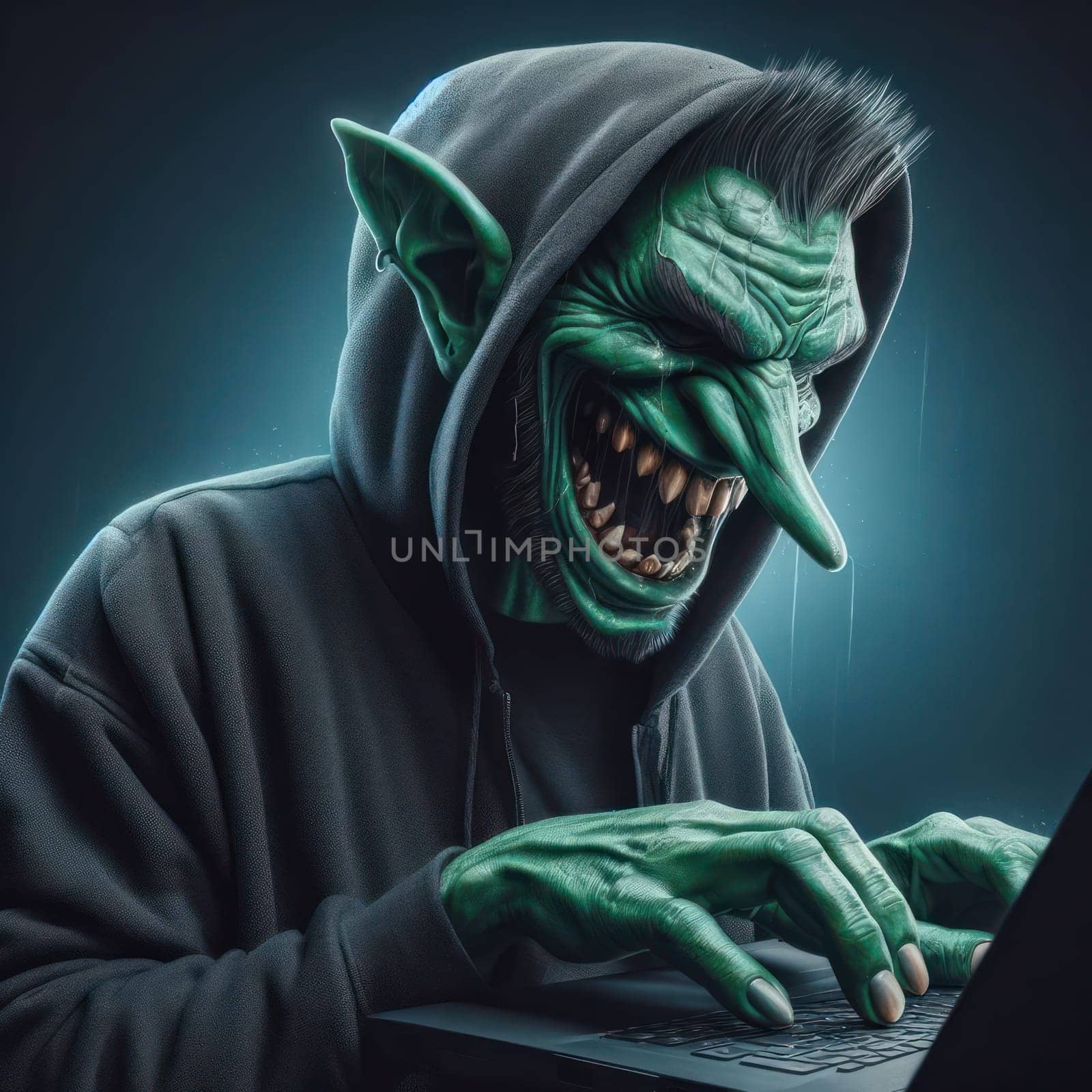 illustration of an internet troll wearing hoodie and using keyboard generative ai