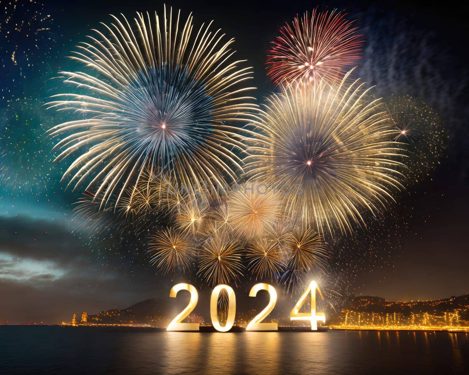big bright and colorful fireworks for a happy new years 2024 generative ai
