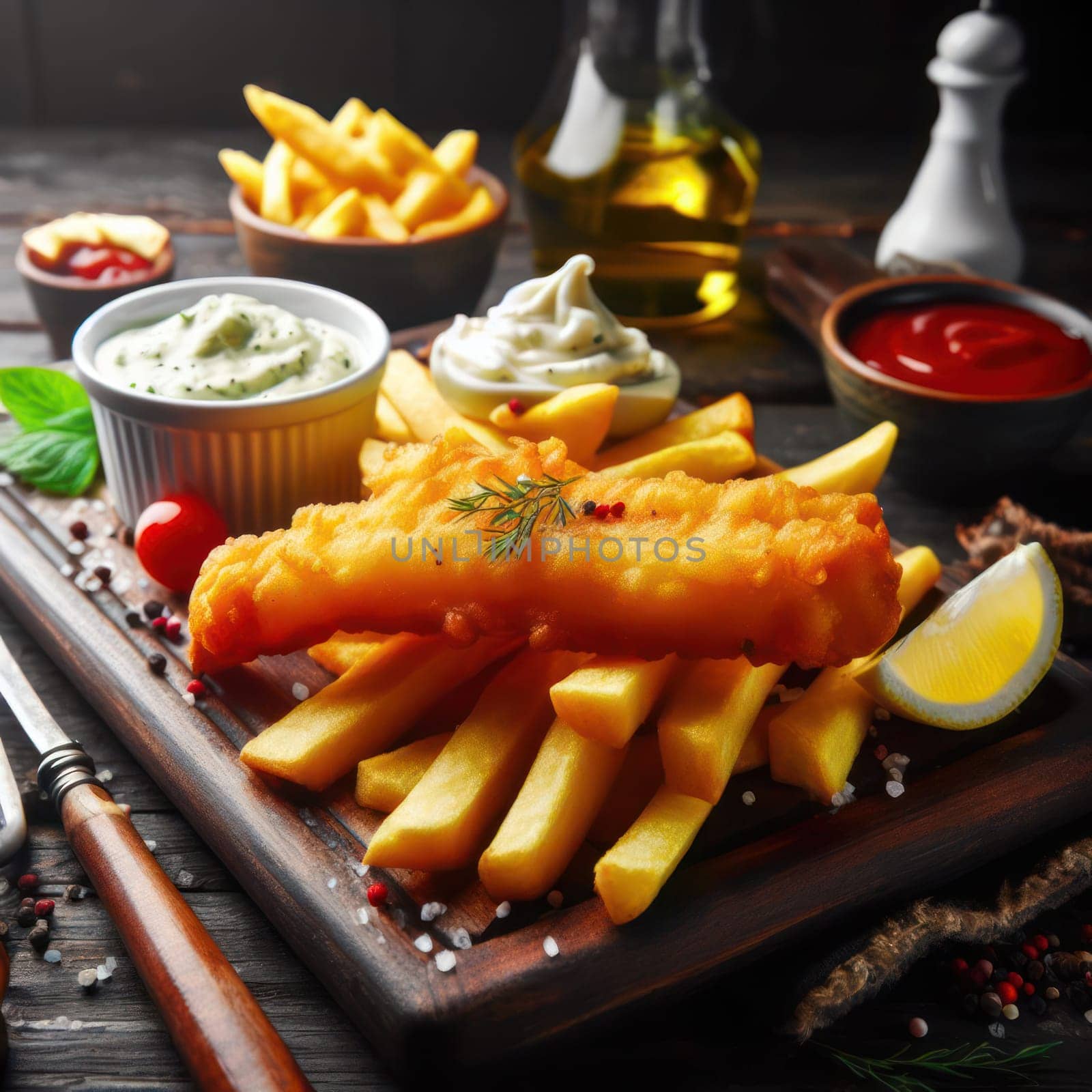 delicious british fried fish and chips with tartar sauce and lemon in a rustic setting generative ai