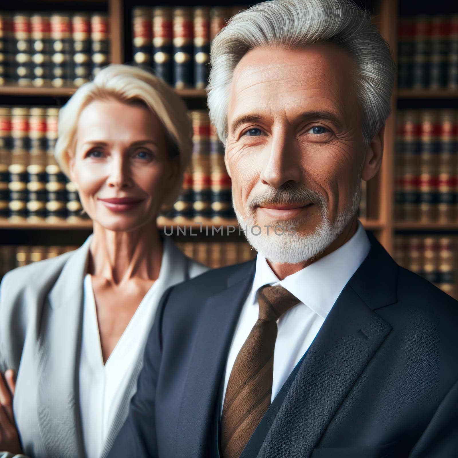 male and female experienced lawyers are a legal team in the law library generative ai