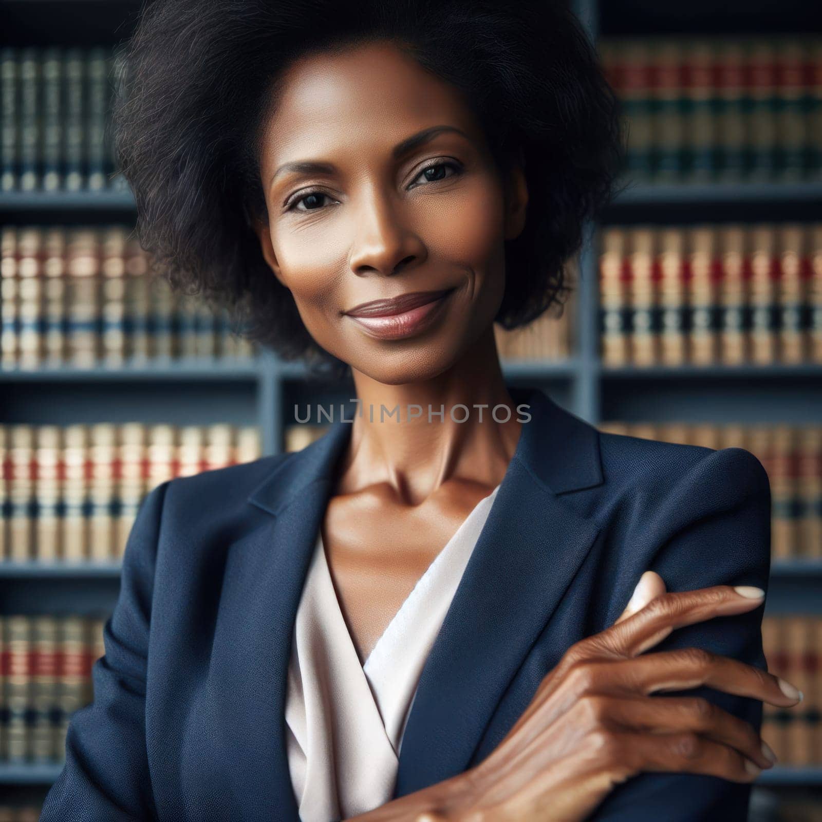 successful experienced black female lawyer in office in front of law library books generative ai