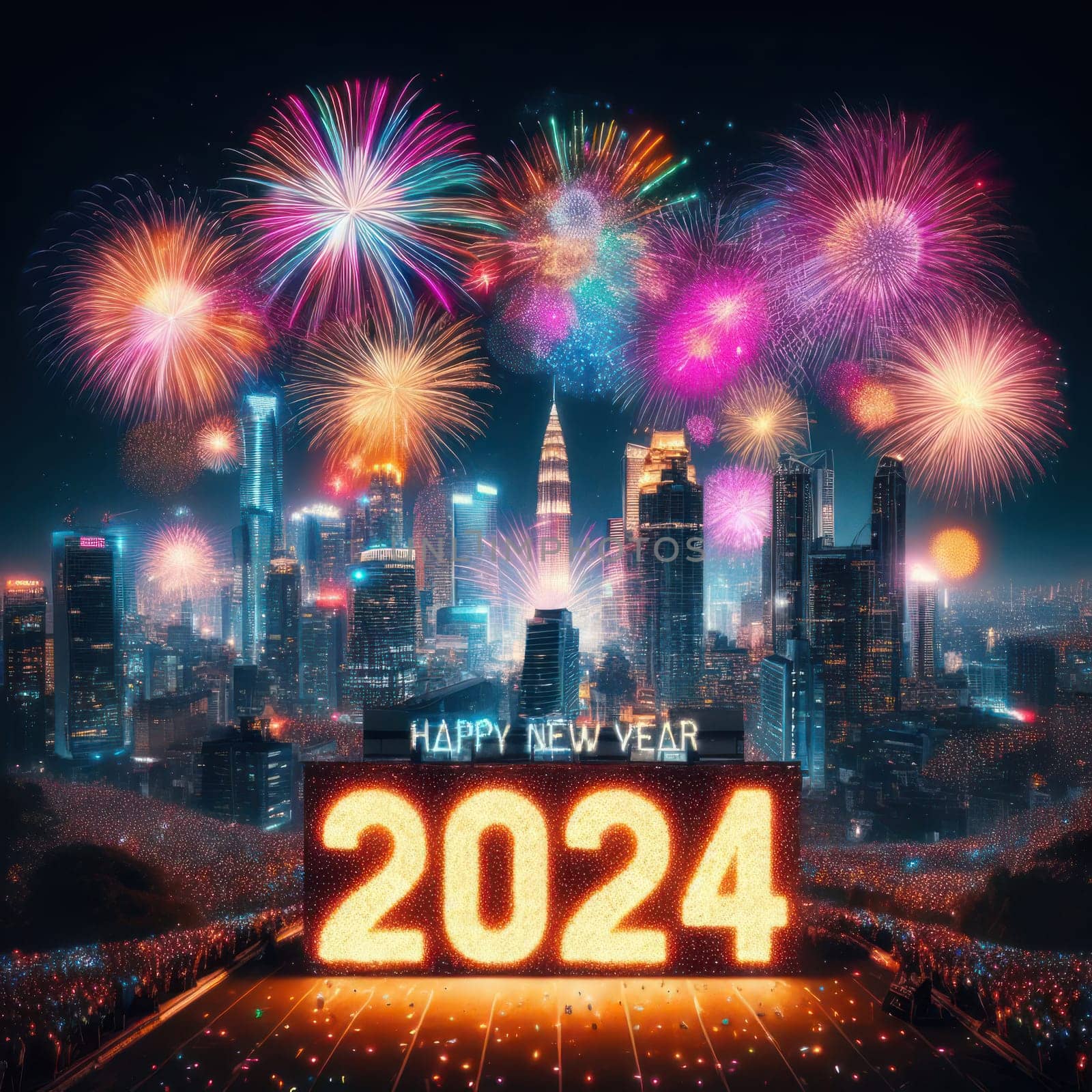 big bright and colorful fireworks for a happy new years 2024 generative ai