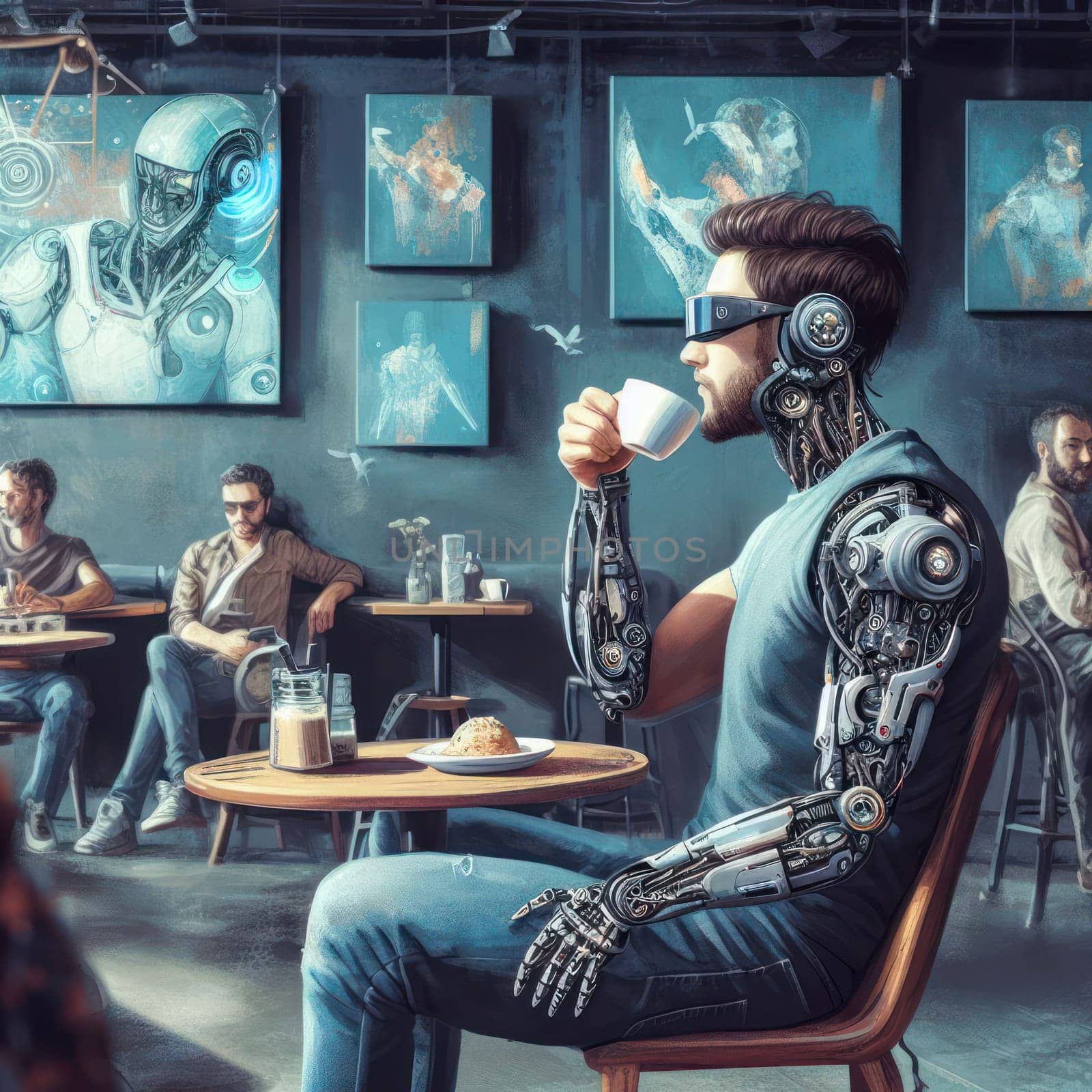 cybernetic person who has futuristic robotic enhancements or parts drinking coffee  generative ai