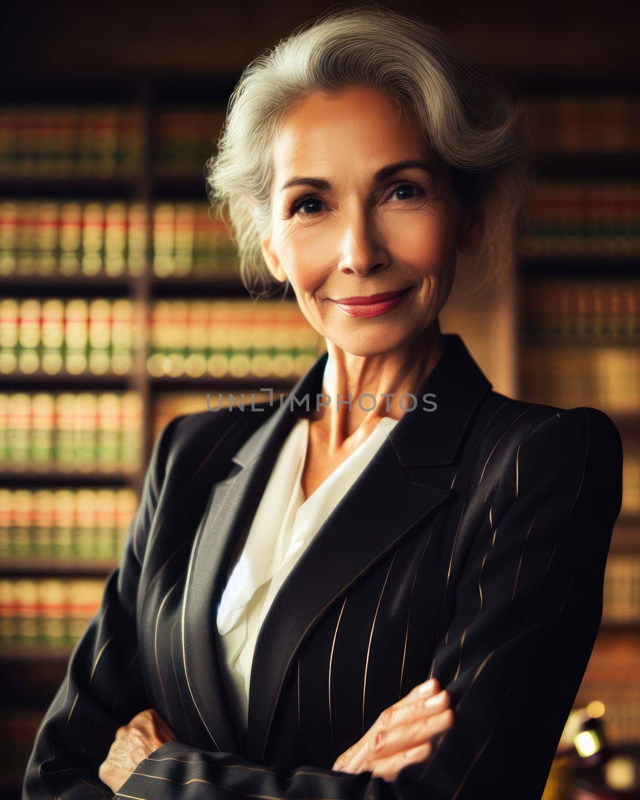 successful experienced female lawyer in office in front of law library books generative ai
