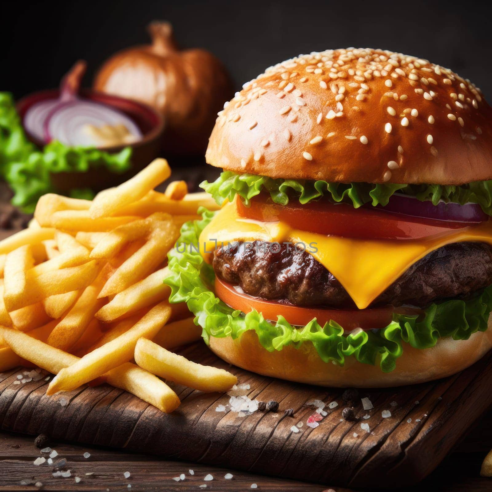 delicious perfect burger served with fries on a wooden board in a rustic cafe generative ai