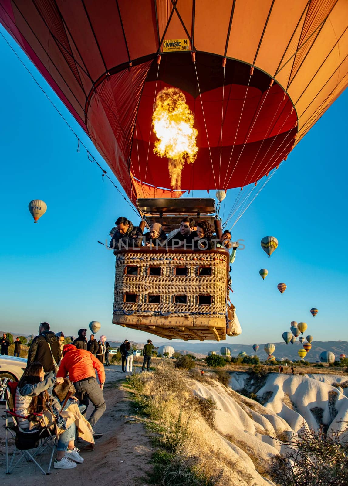 GOREME, TUR - OCT 14, 2023: Hot air balloon in Goreme National Park in Cappadocia, Turkey.