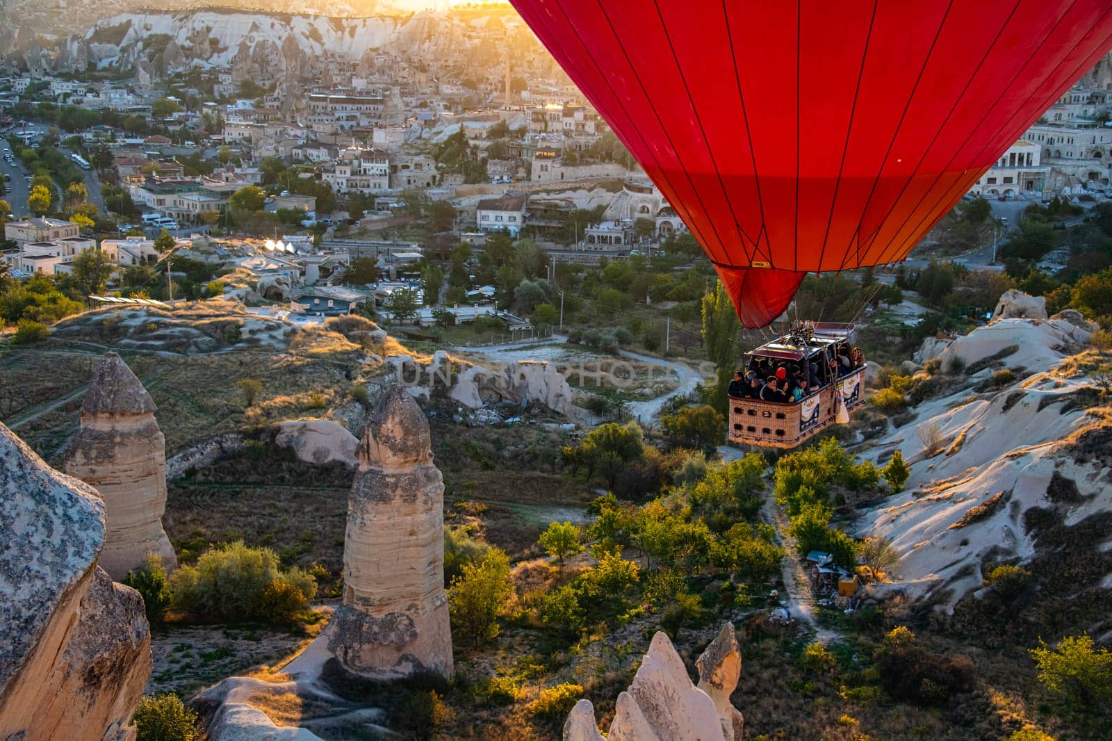 GOREME, TUR - OCT 14, 2023: Hot air balloon in Goreme National Park in Cappadocia, Turkey.