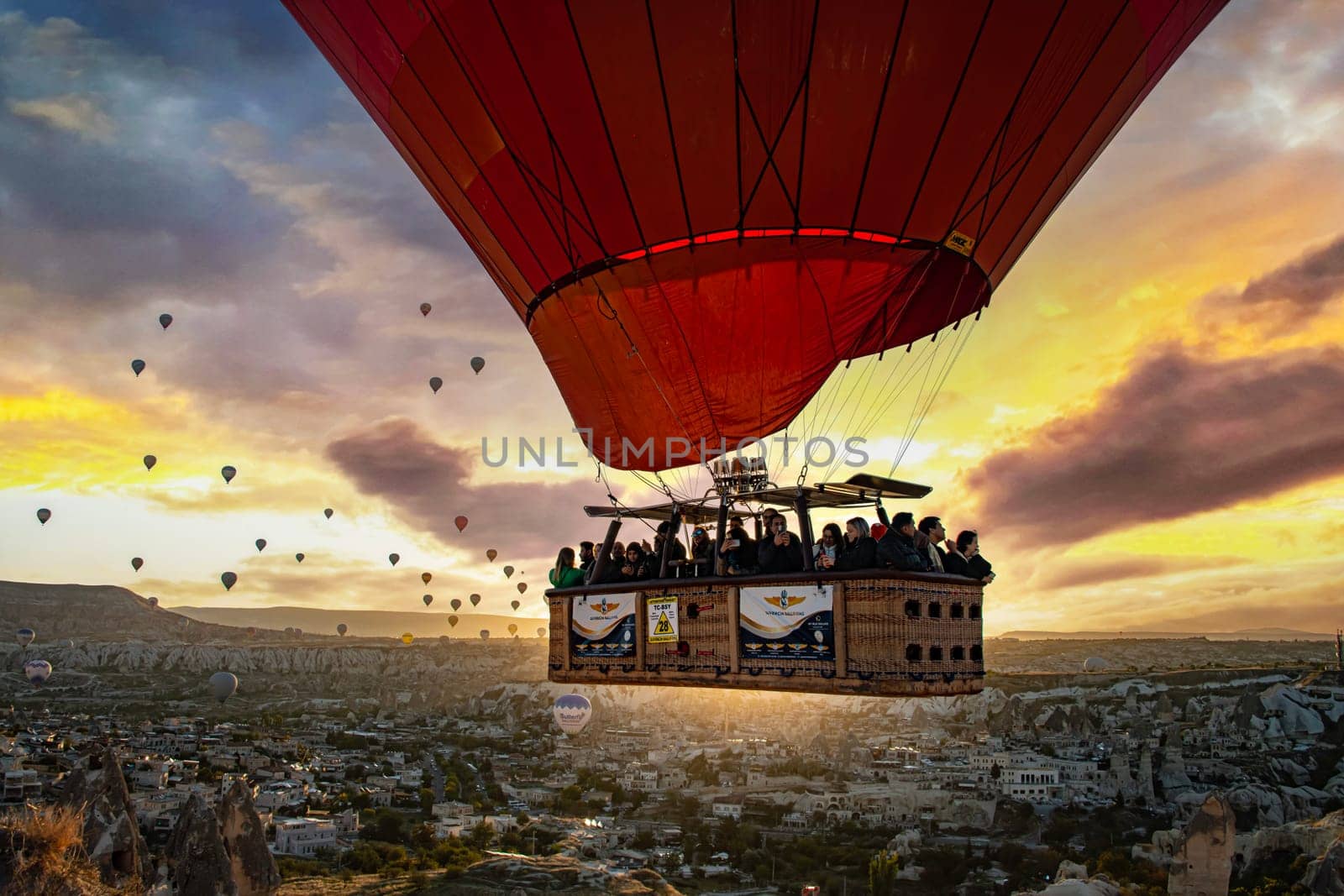 GOREME, TUR - OCT 14, 2023: Hot air balloon in Goreme National Park in Cappadocia, Turkey.
