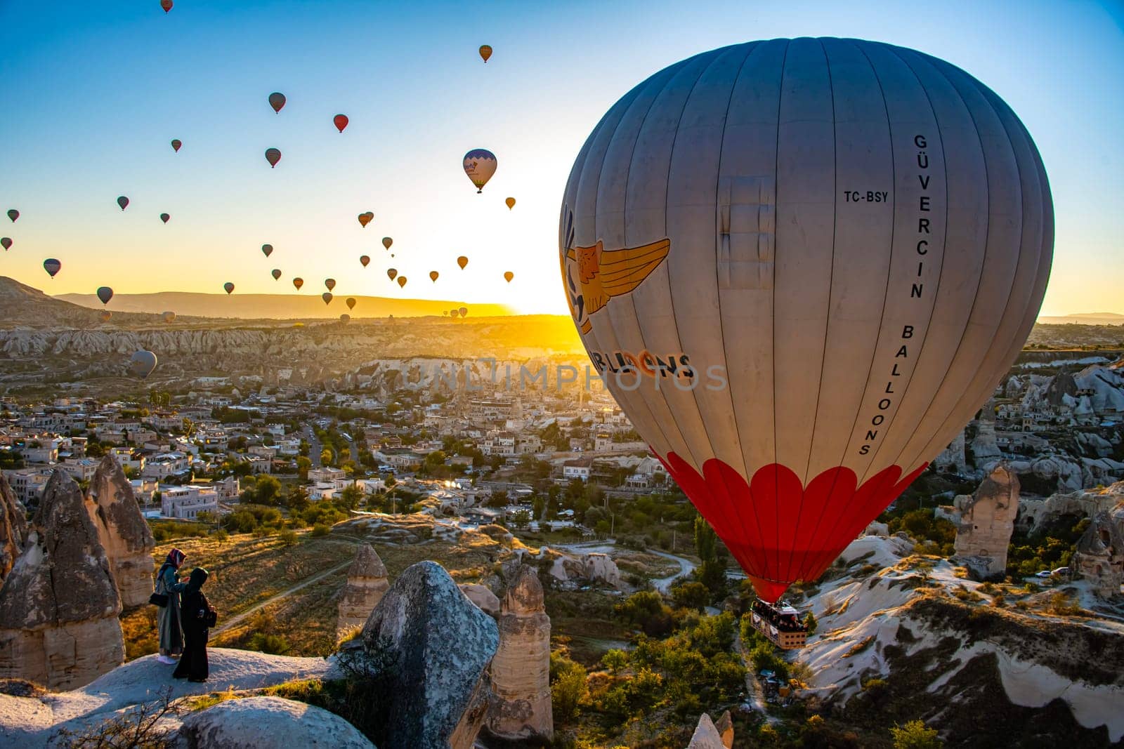 GOREME, TUR - OCT 14, 2023: Hot air balloon in Goreme National Park in Cappadocia, Turkey.