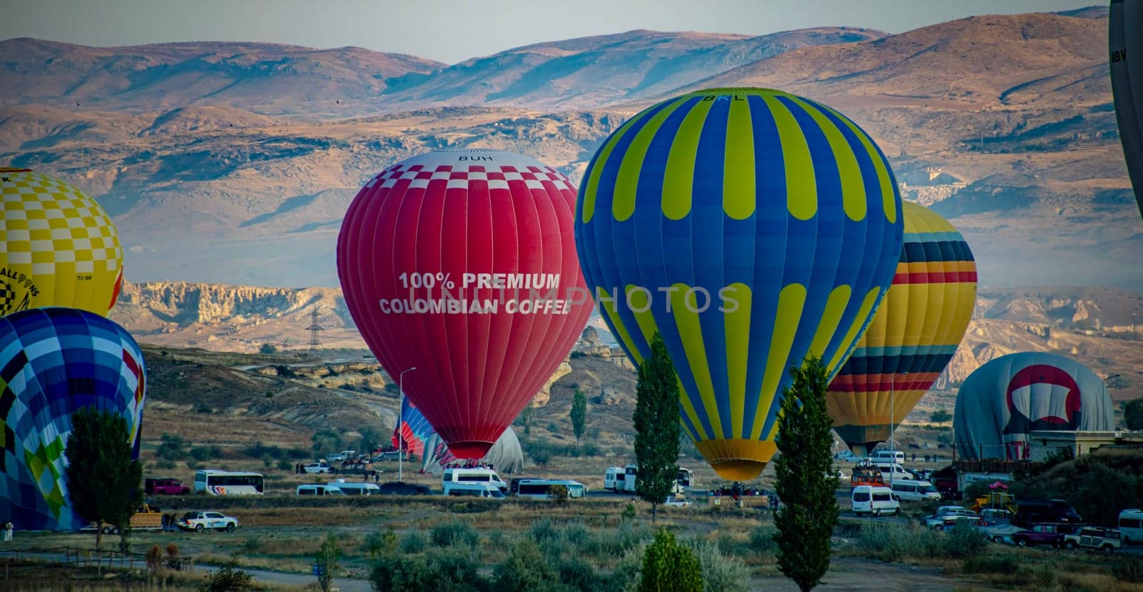 GOREME, TUR - OCT 14, 2023: Hot air balloons in Goreme National Park in Cappadocia, Turkey.
