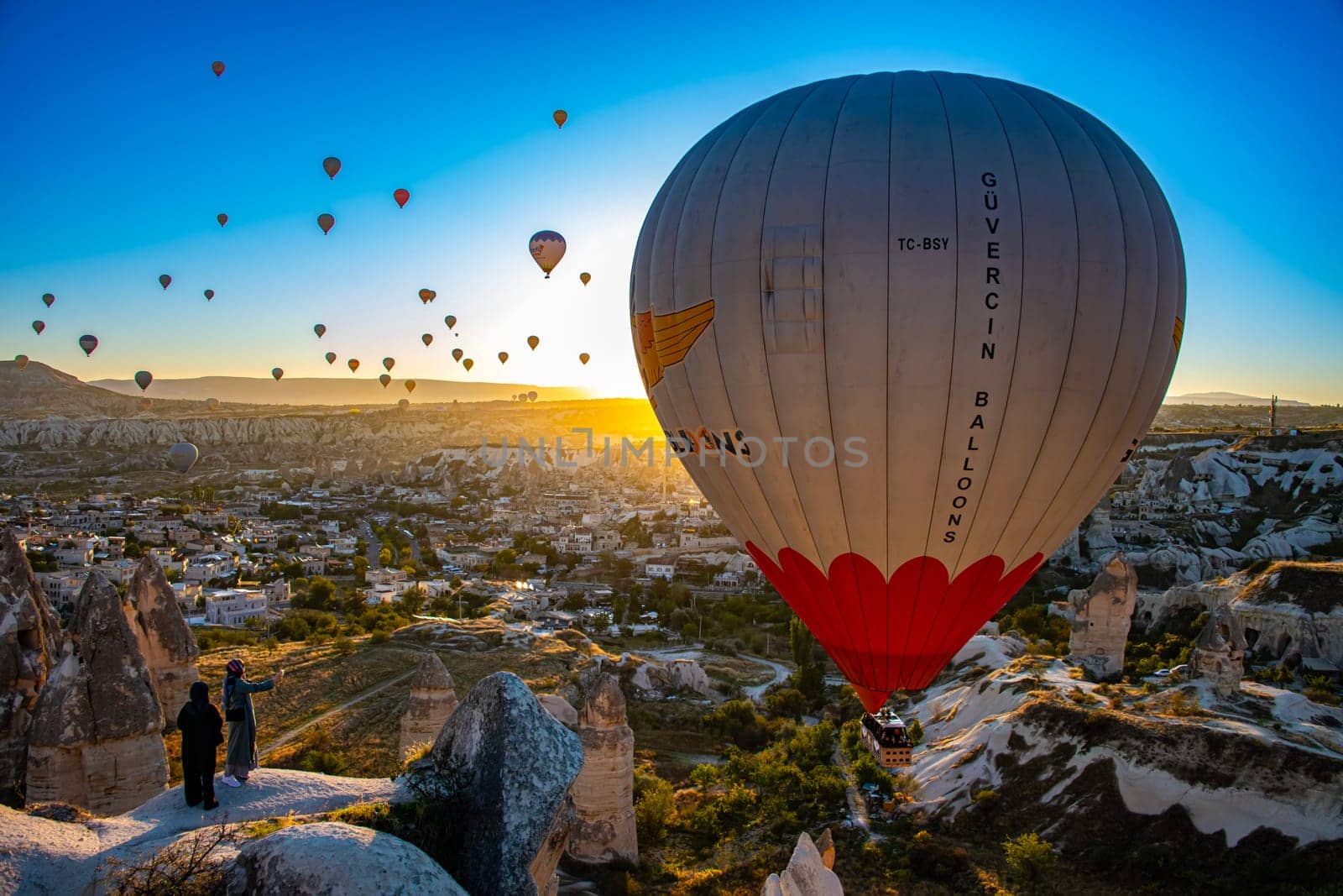 GOREME, TUR - OCT 14, 2023: Hot air balloon in Goreme National Park in Cappadocia, Turkey.