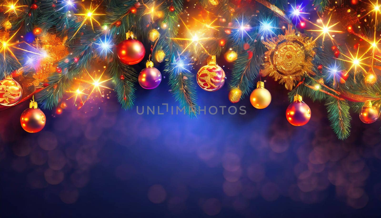christmas background with balls and ribbon on golden bokeh lights, AI generated