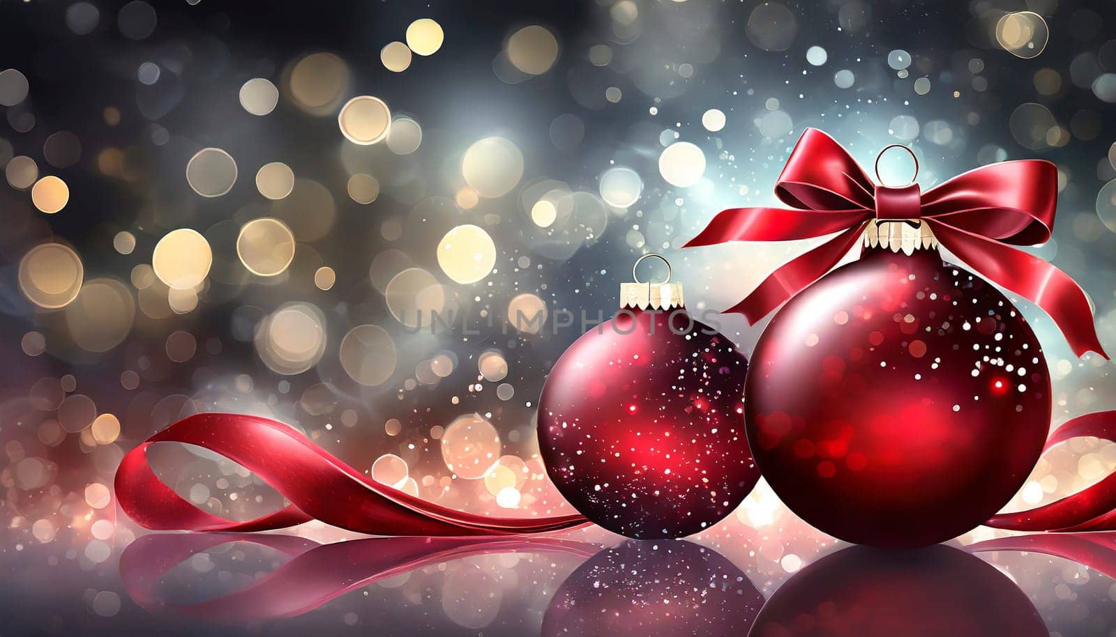christmas background with balls and ribbon on golden bokeh lights, AI generated