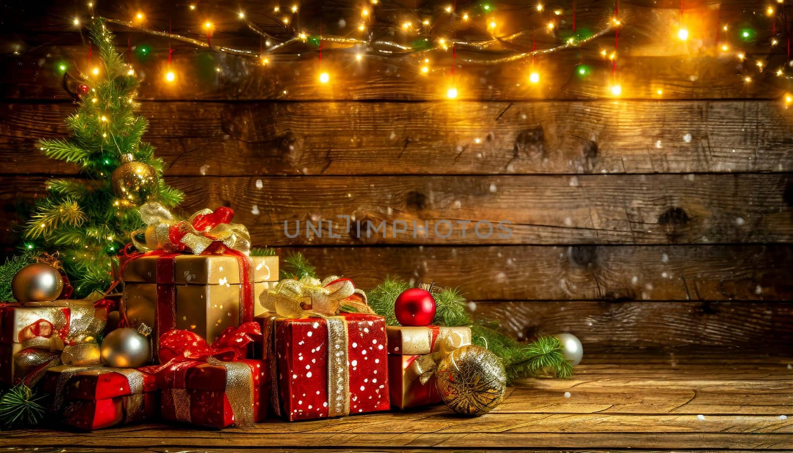 Christmas decoration with gifts and lights on wooden background, AI generated