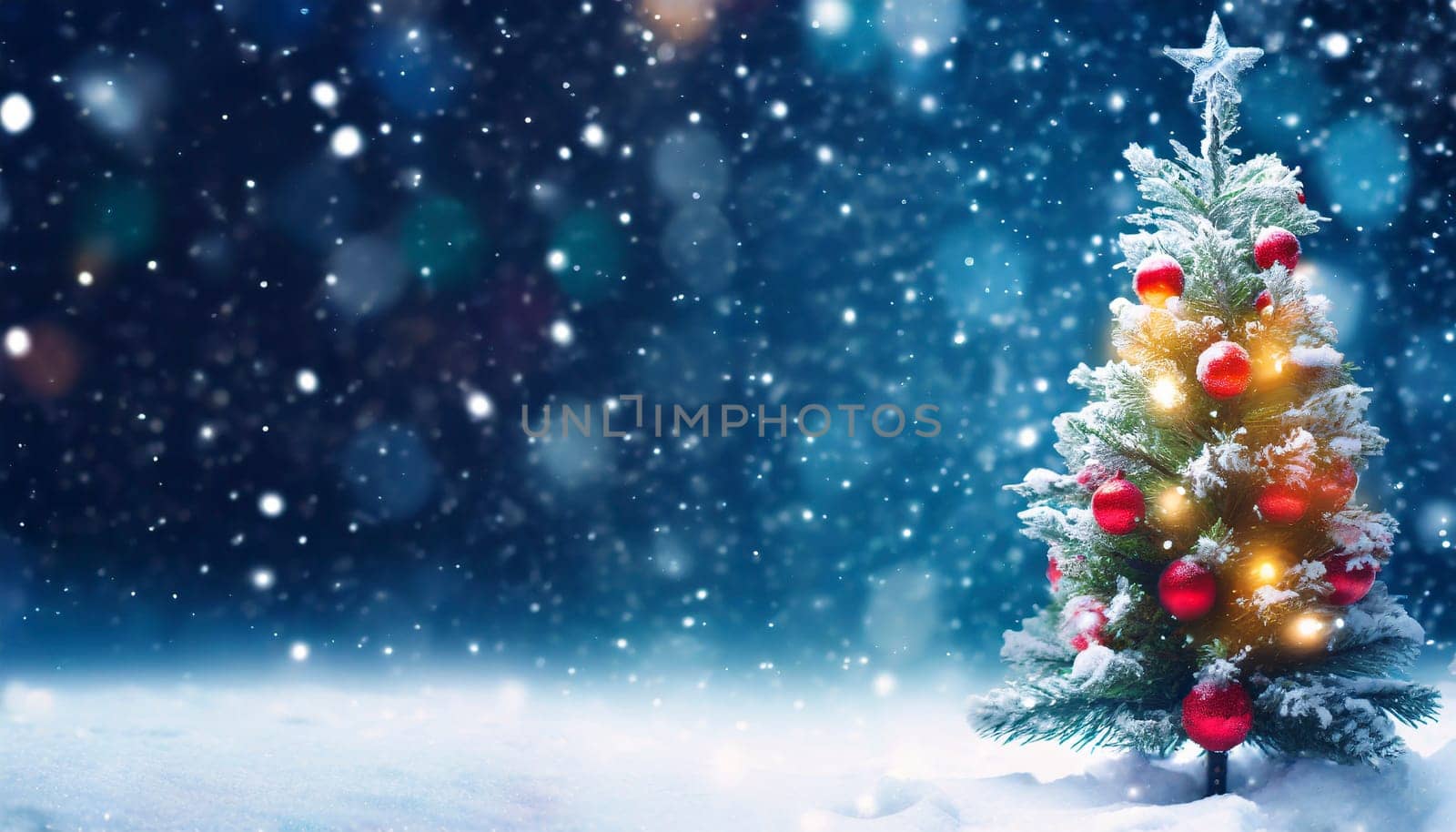 Christmas tree outside forest with falling snow, copy space, holiday background, AI generated