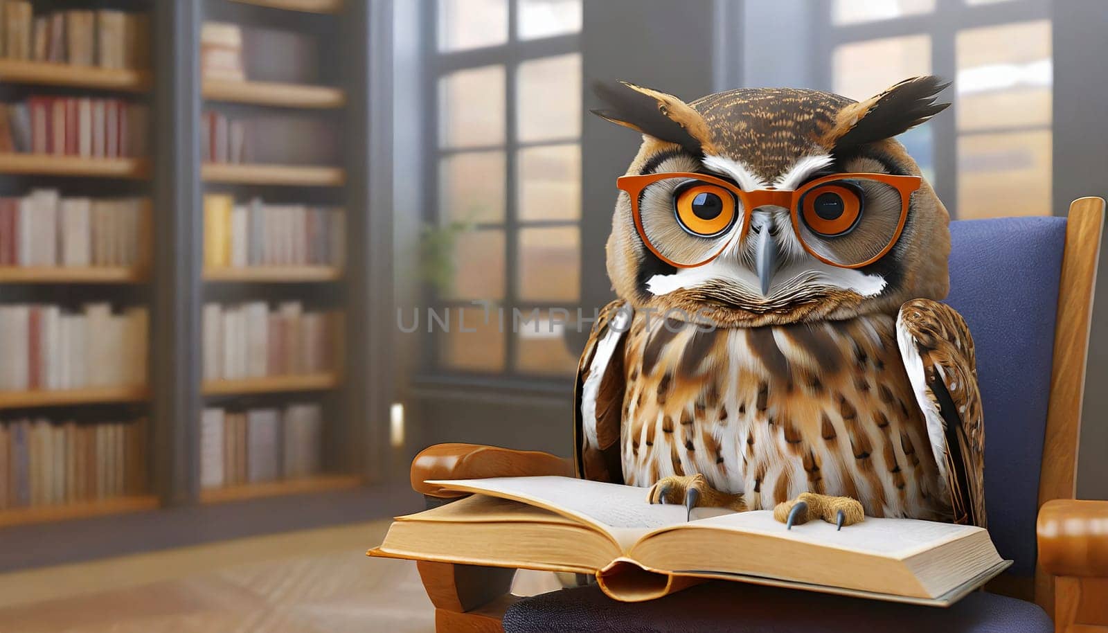 Smart owl wearing reading glasses with a book in the library, AI generated