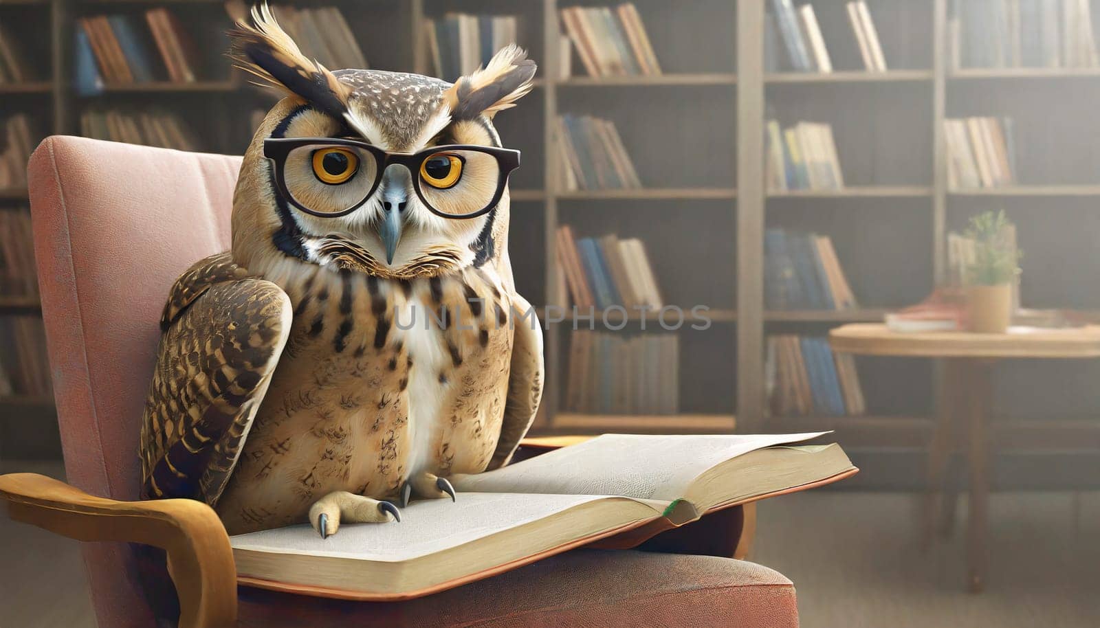 Smart owl wearing reading glasses with a book in the library, AI generated