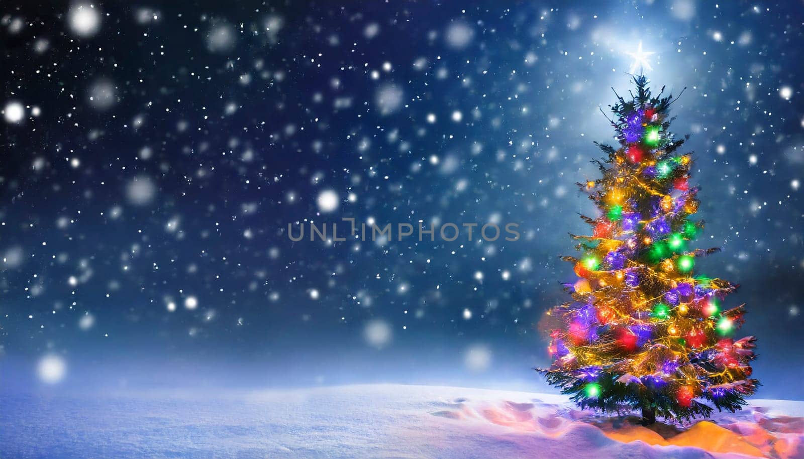 Christmas tree outside forest with falling snow, copy space, holiday background, AI generated