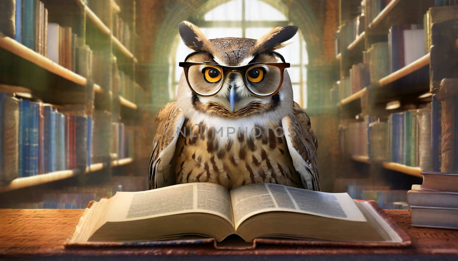 Smart owl wearing reading glasses with a book in the library, AI generated
